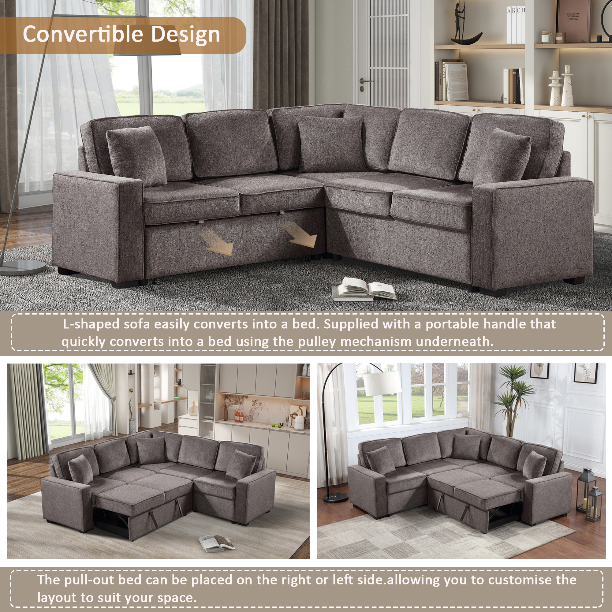 Modular Sofa, Sectional Couch L Shaped Sofa Couch with Pullout Sleeper, 5 Seat Chenille Corner Sofa for Living Room, 3 Pillows Included, Light Brown