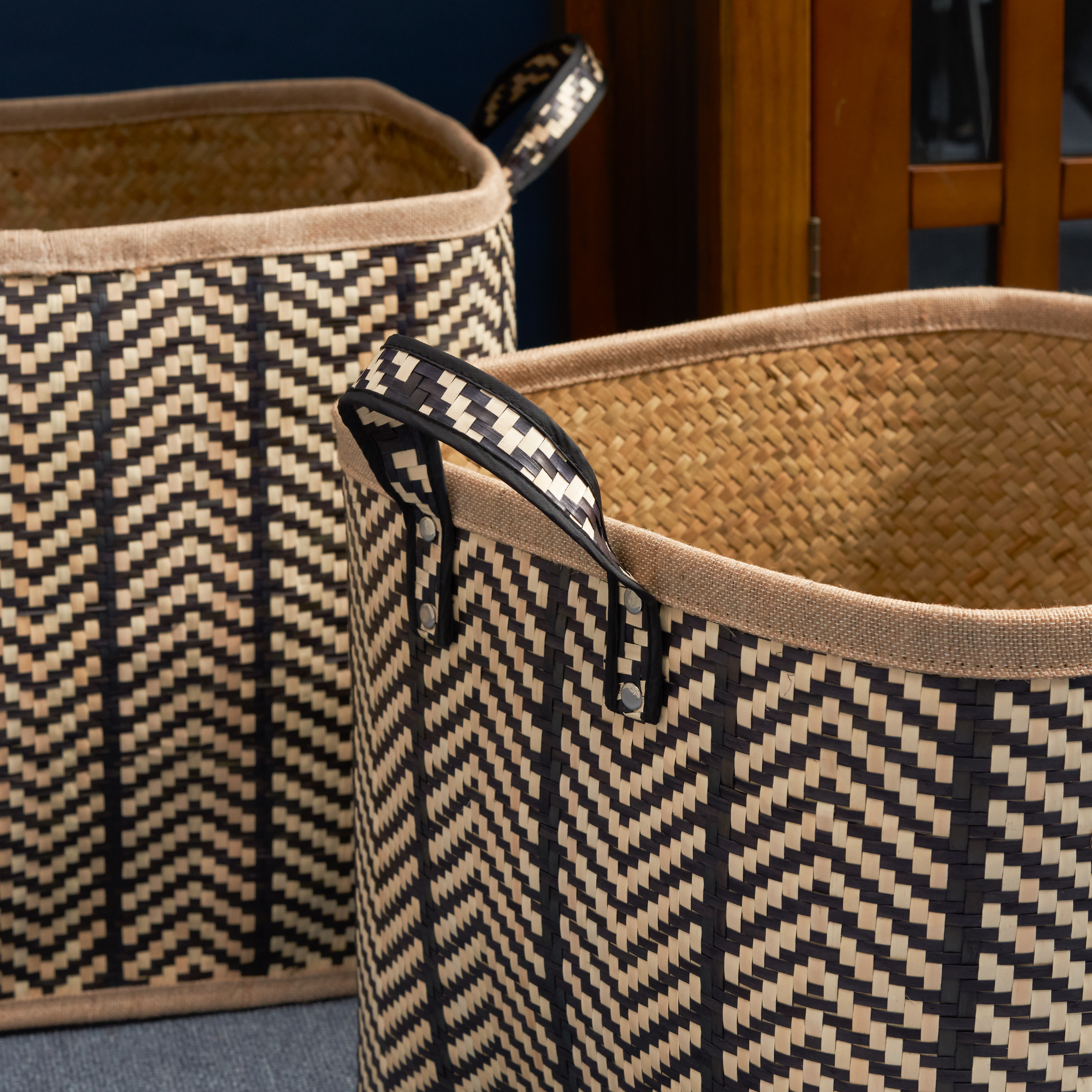 Isidore Square Palm Leaf Woven Wicker Storage Basket with Handles Set of 2 - 14" x 14" x 15" and 16" x 16" x 17" - Black and Brown - For Clothes, Books Storage, Picnic and Home Decoration