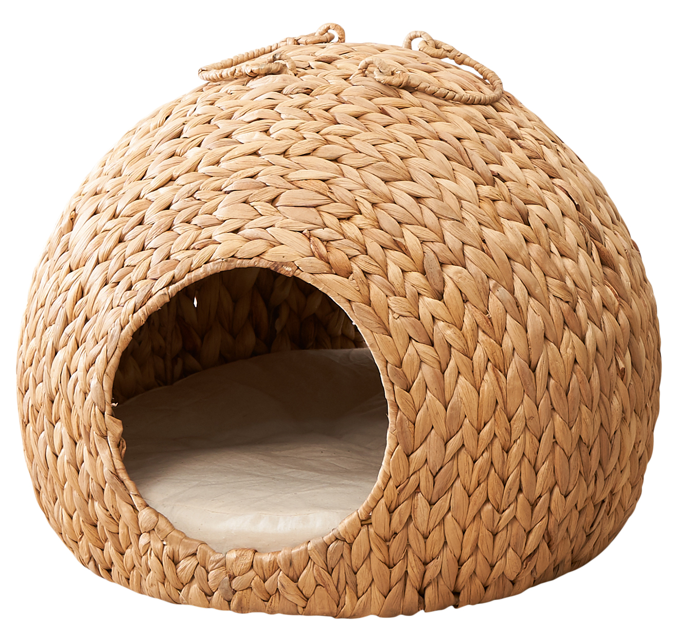 Gertrude Water Hyacinth Woven Wicker Round Cat Bed Cave with Handles - 18" x 18" x 18" - For Any Size Cat Breeds, Chihuahua and Use with Cat Tower