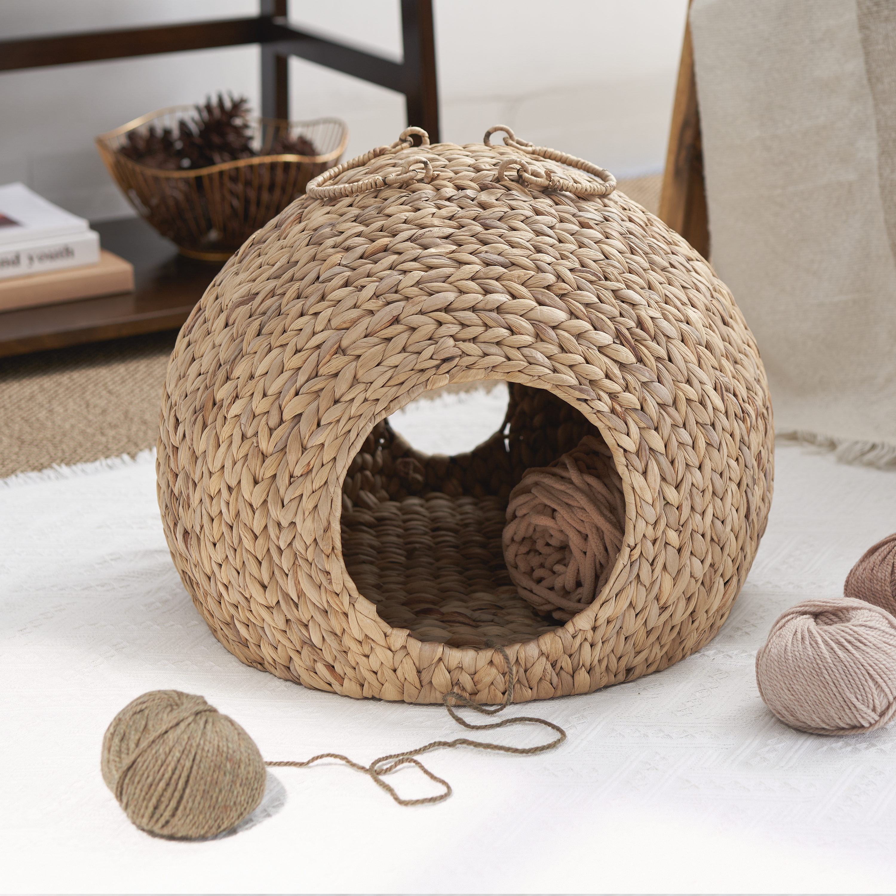 Gertrude Water Hyacinth Woven Wicker Round Cat Bed Cave with Handles - 18" x 18" x 18" - For Any Size Cat Breeds, Chihuahua and Use with Cat Tower