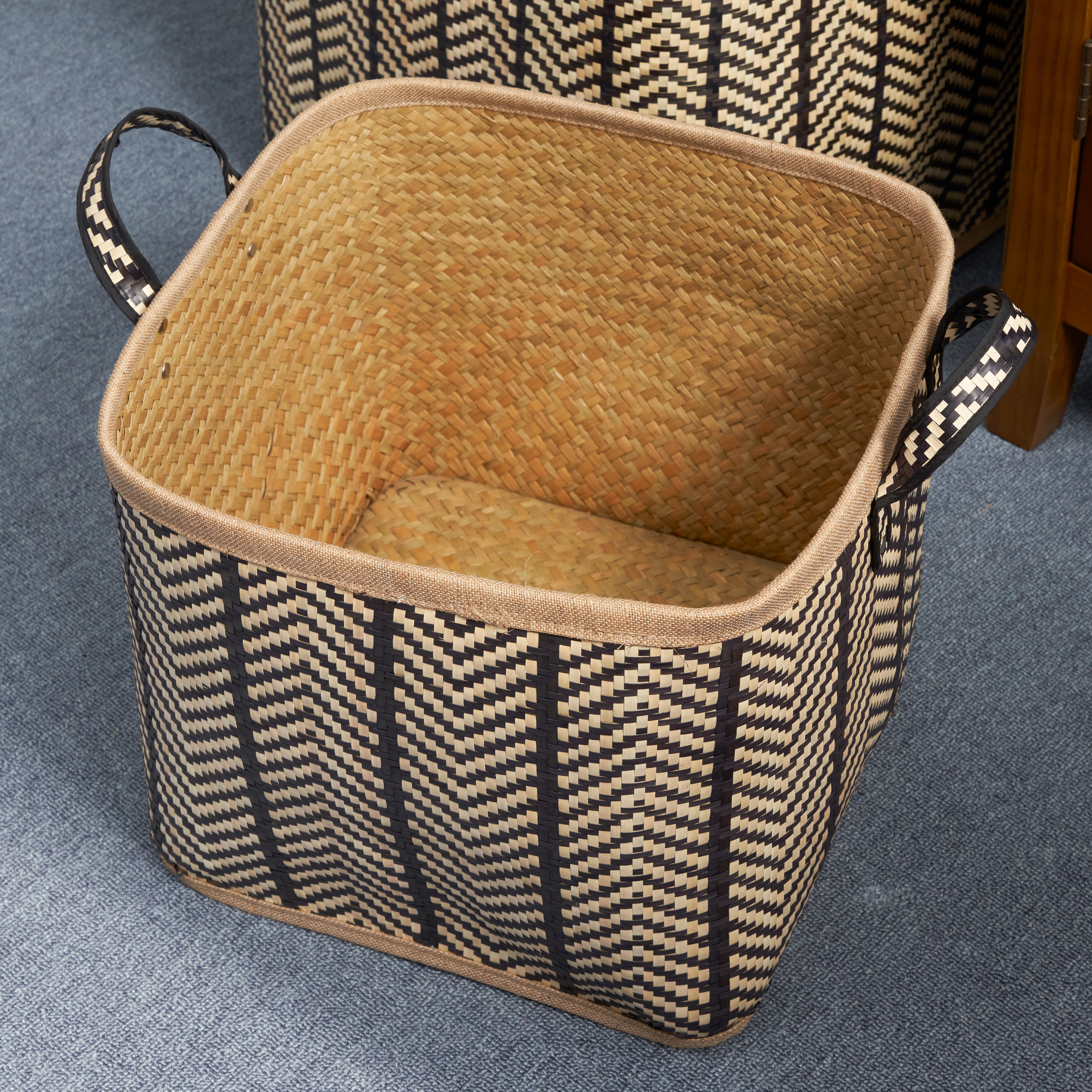 Isidore Square Palm Leaf Woven Wicker Storage Basket with Handles Set of 2 - 14" x 14" x 15" and 16" x 16" x 17" - Black and Brown - For Clothes, Books Storage, Picnic and Home Decoration