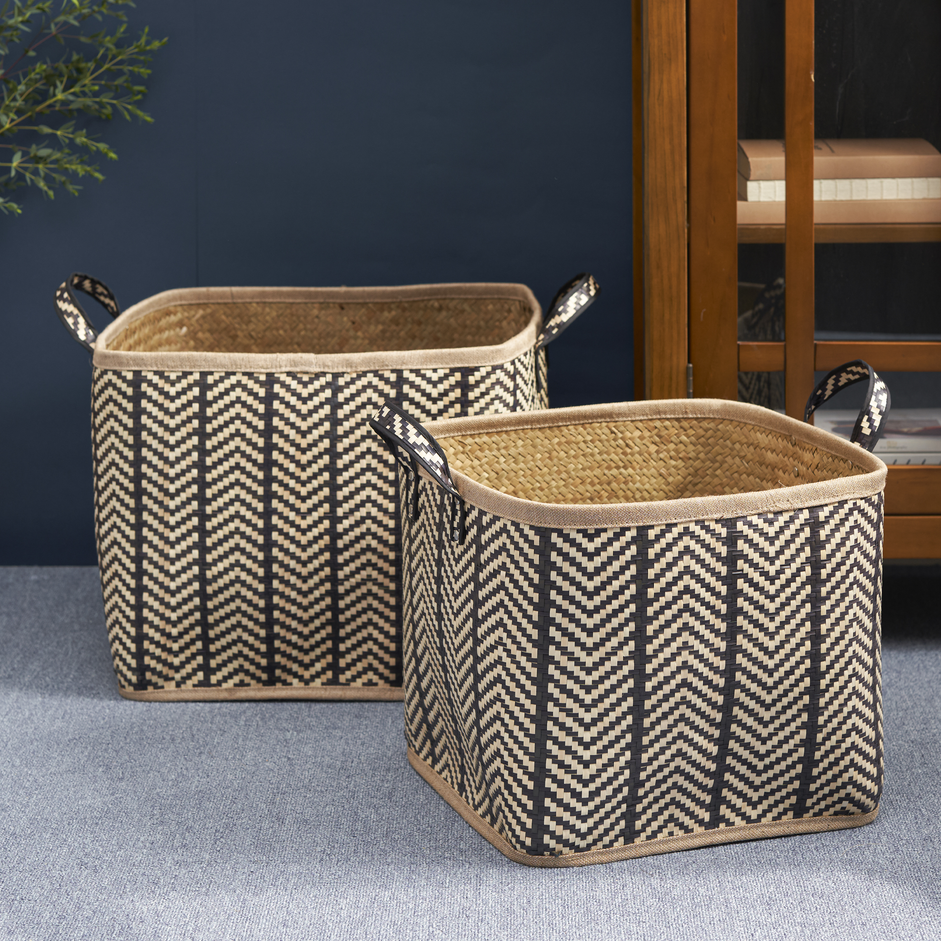 Isidore Square Palm Leaf Woven Wicker Storage Basket with Handles Set of 2 - 14" x 14" x 15" and 16" x 16" x 17" - Black and Brown - For Clothes, Books Storage, Picnic and Home Decoration