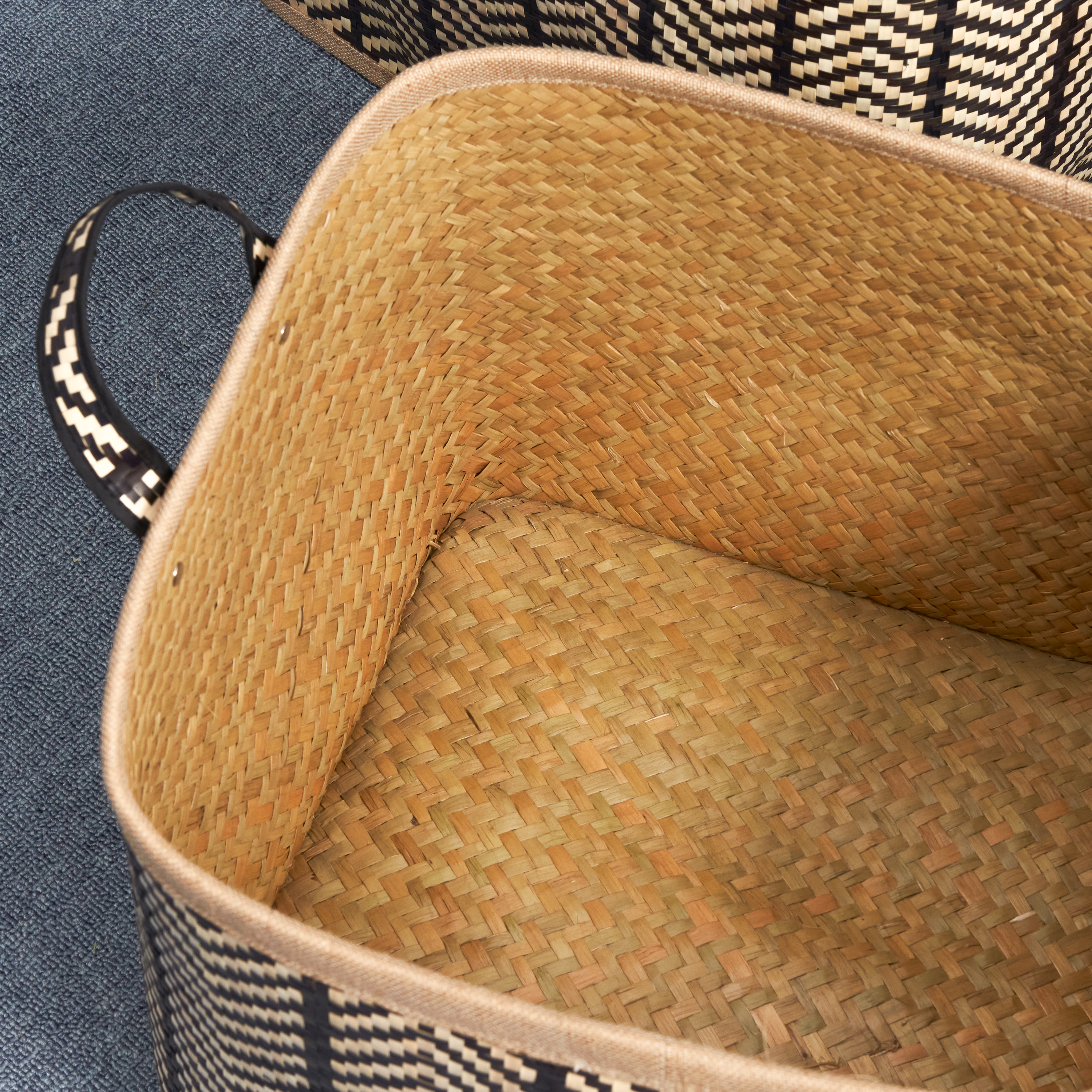 Isidore Square Palm Leaf Woven Wicker Storage Basket with Handles Set of 2 - 14" x 14" x 15" and 16" x 16" x 17" - Black and Brown - For Clothes, Books Storage, Picnic and Home Decoration