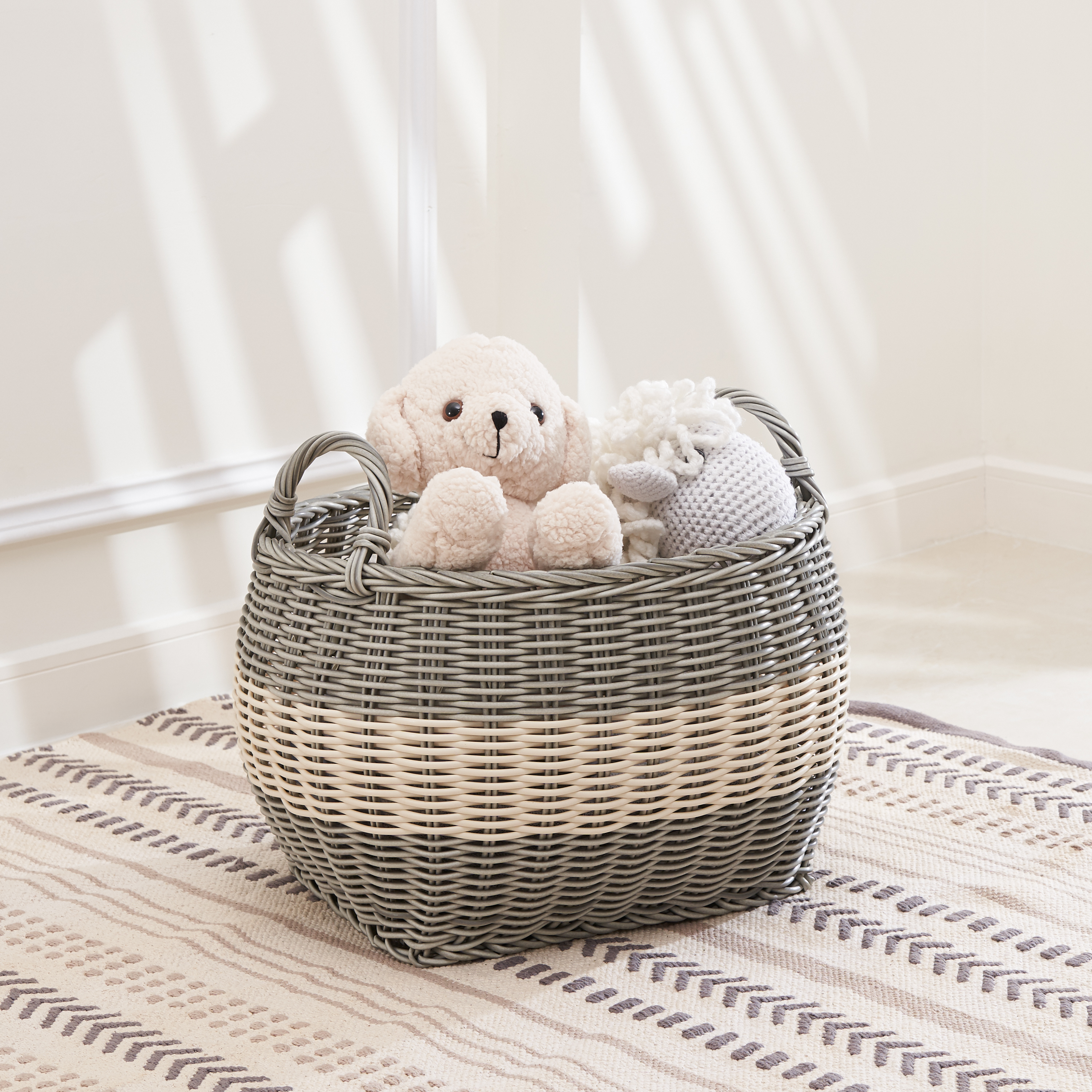 Zita Oval Resin Woven Wicker Multi-Use Storage Basket with Handles - 18" x 15" x 15" - White-Gray - For Towel, Toys, Magazines Storage and Home Decoration