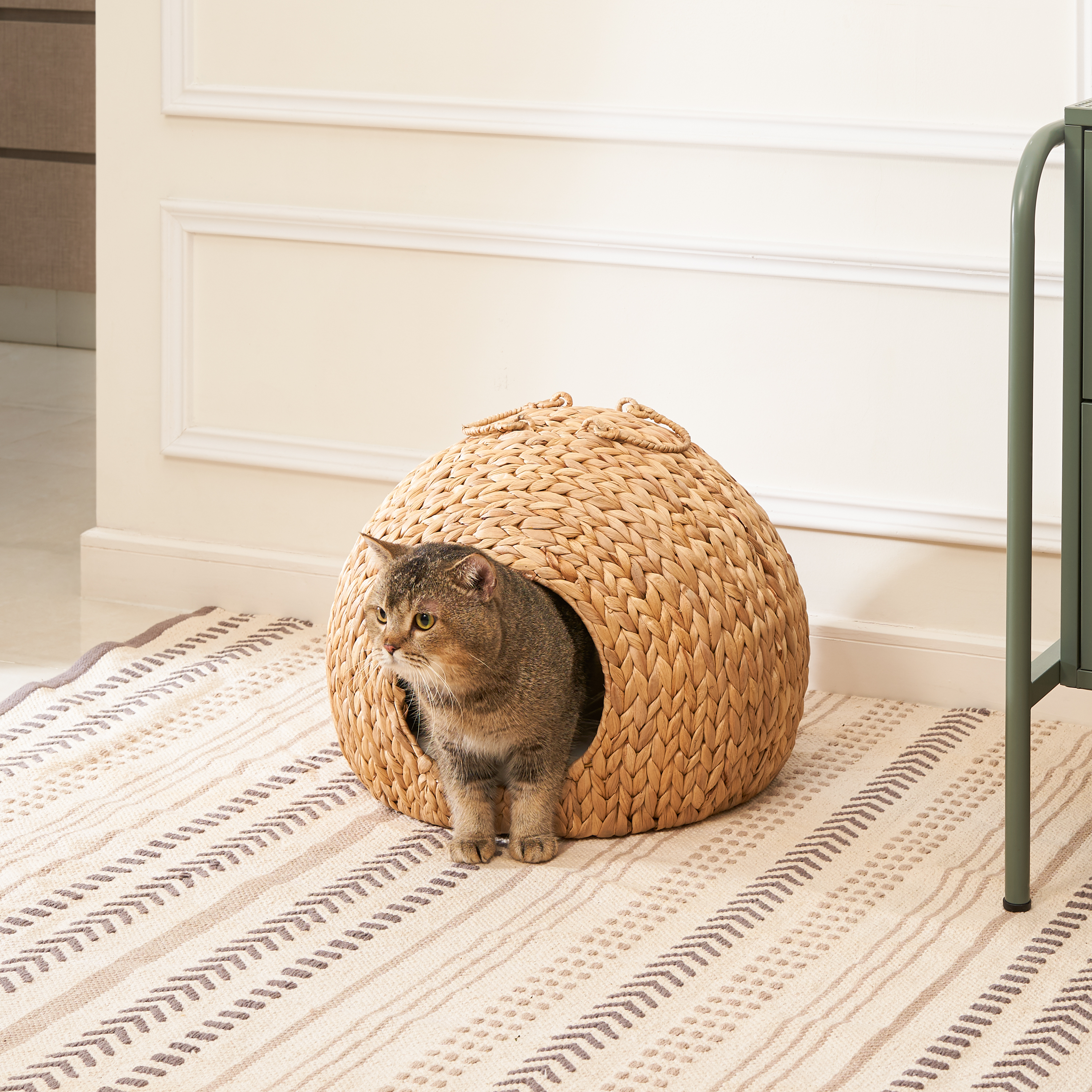 Gertrude Water Hyacinth Woven Wicker Round Cat Bed Cave with Handles - 18" x 18" x 18" - For Any Size Cat Breeds, Chihuahua and Use with Cat Tower