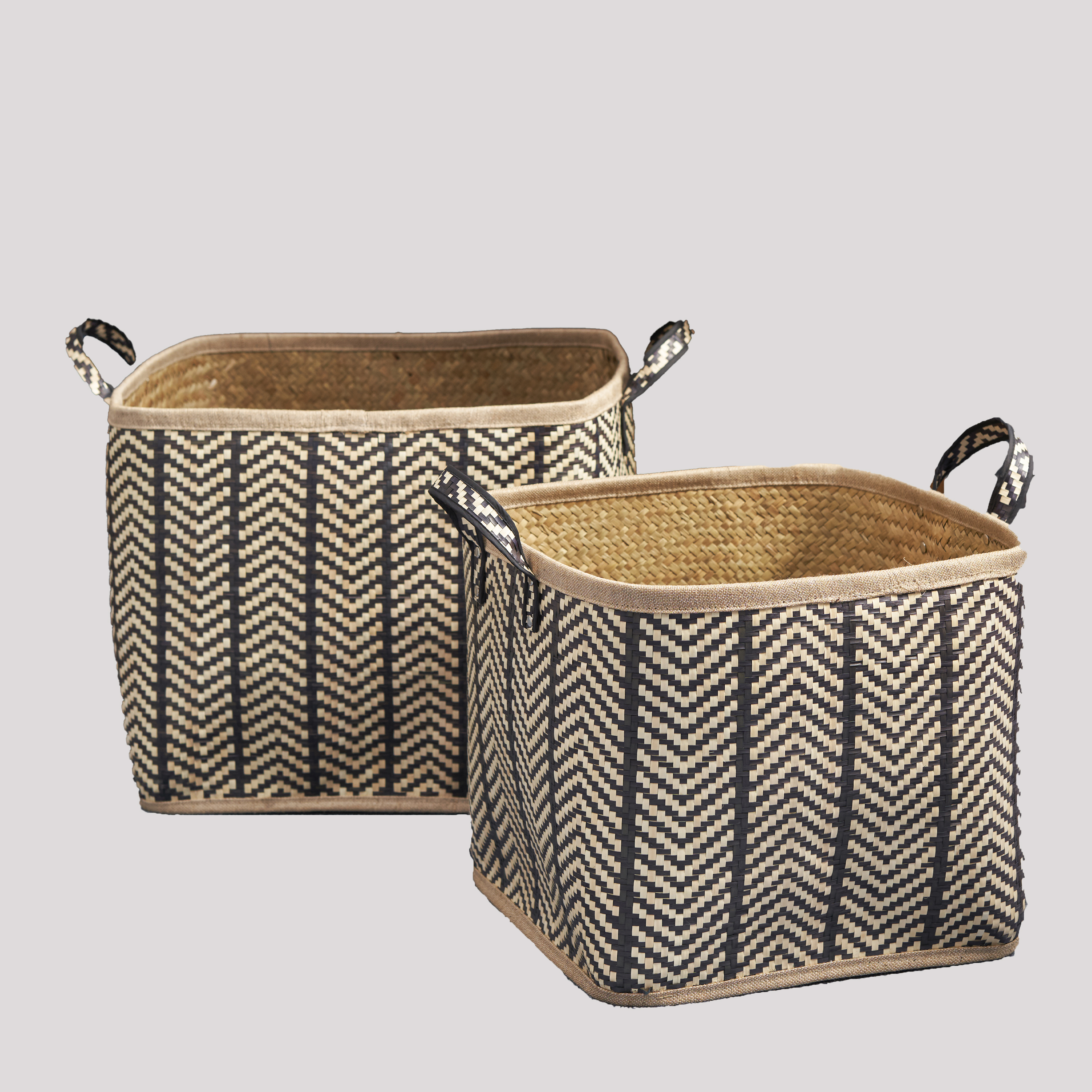 Isidore Square Palm Leaf Woven Wicker Storage Basket with Handles Set of 2 - 14" x 14" x 15" and 16" x 16" x 17" - Black and Brown - For Clothes, Books Storage, Picnic and Home Decoration