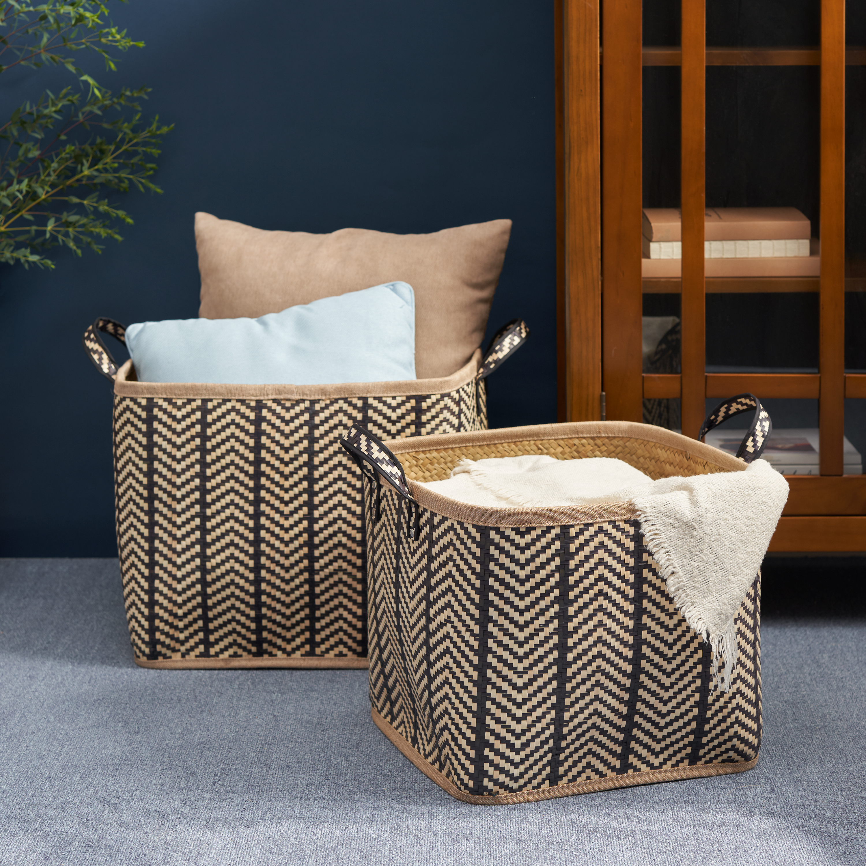 Isidore Square Palm Leaf Woven Wicker Storage Basket with Handles Set of 2 - 14" x 14" x 15" and 16" x 16" x 17" - Black and Brown - For Clothes, Books Storage, Picnic and Home Decoration