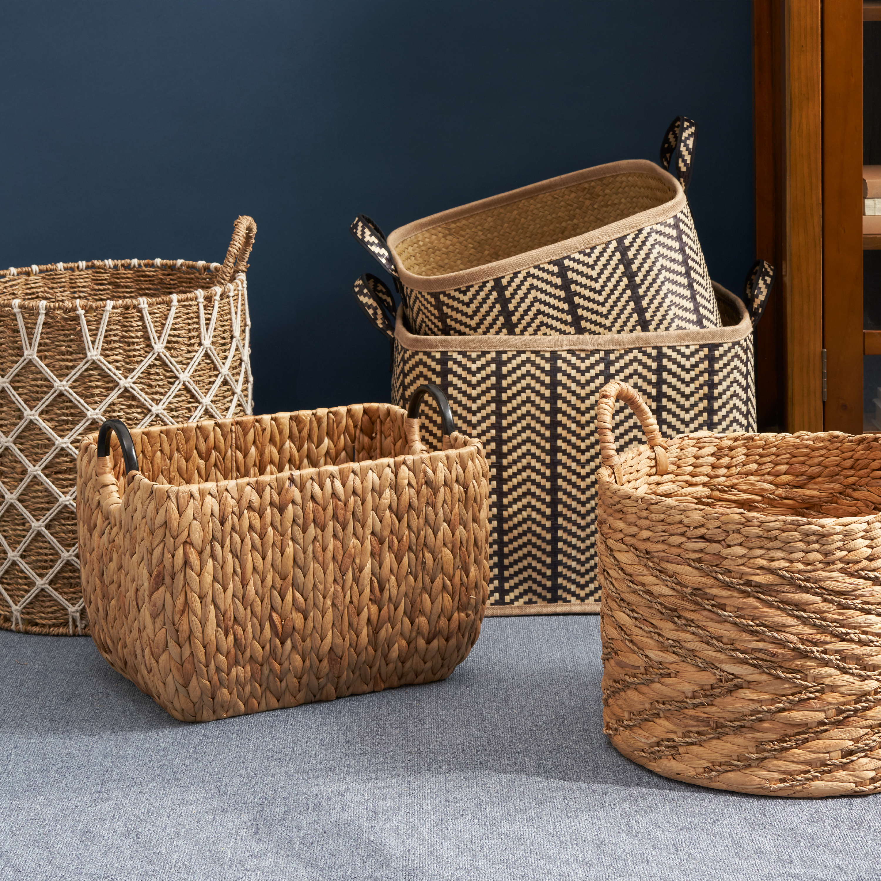 Isidore Square Palm Leaf Woven Wicker Storage Basket with Handles Set of 2 - 14" x 14" x 15" and 16" x 16" x 17" - Black and Brown - For Clothes, Books Storage, Picnic and Home Decoration