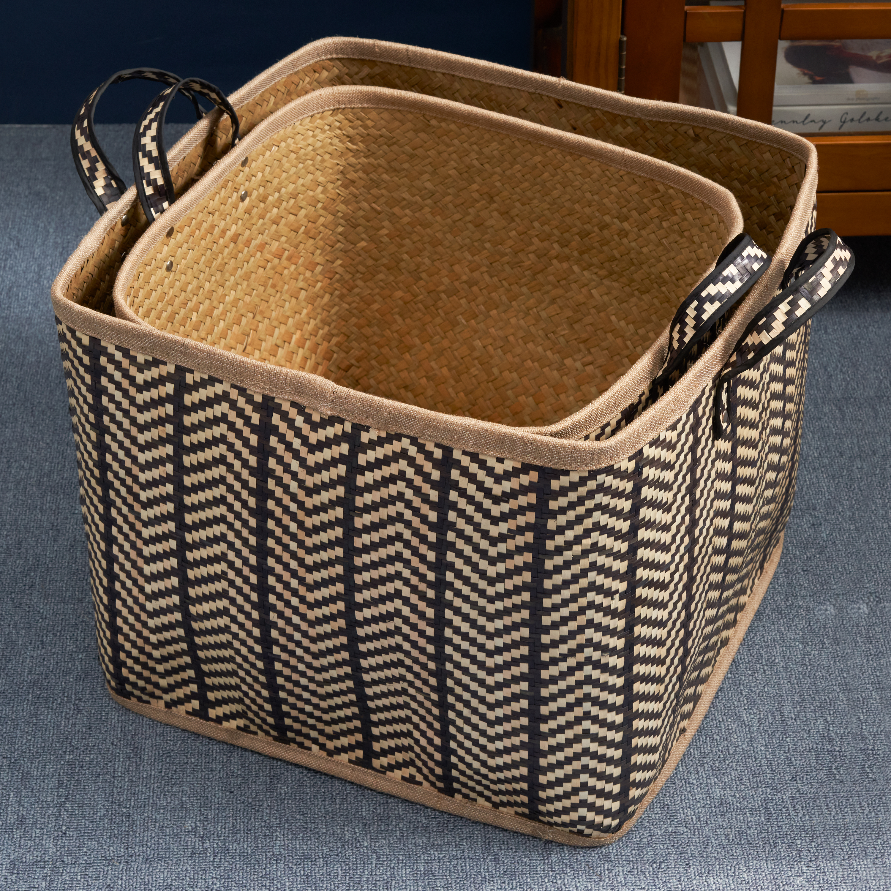 Isidore Square Palm Leaf Woven Wicker Storage Basket with Handles Set of 2 - 14" x 14" x 15" and 16" x 16" x 17" - Black and Brown - For Clothes, Books Storage, Picnic and Home Decoration