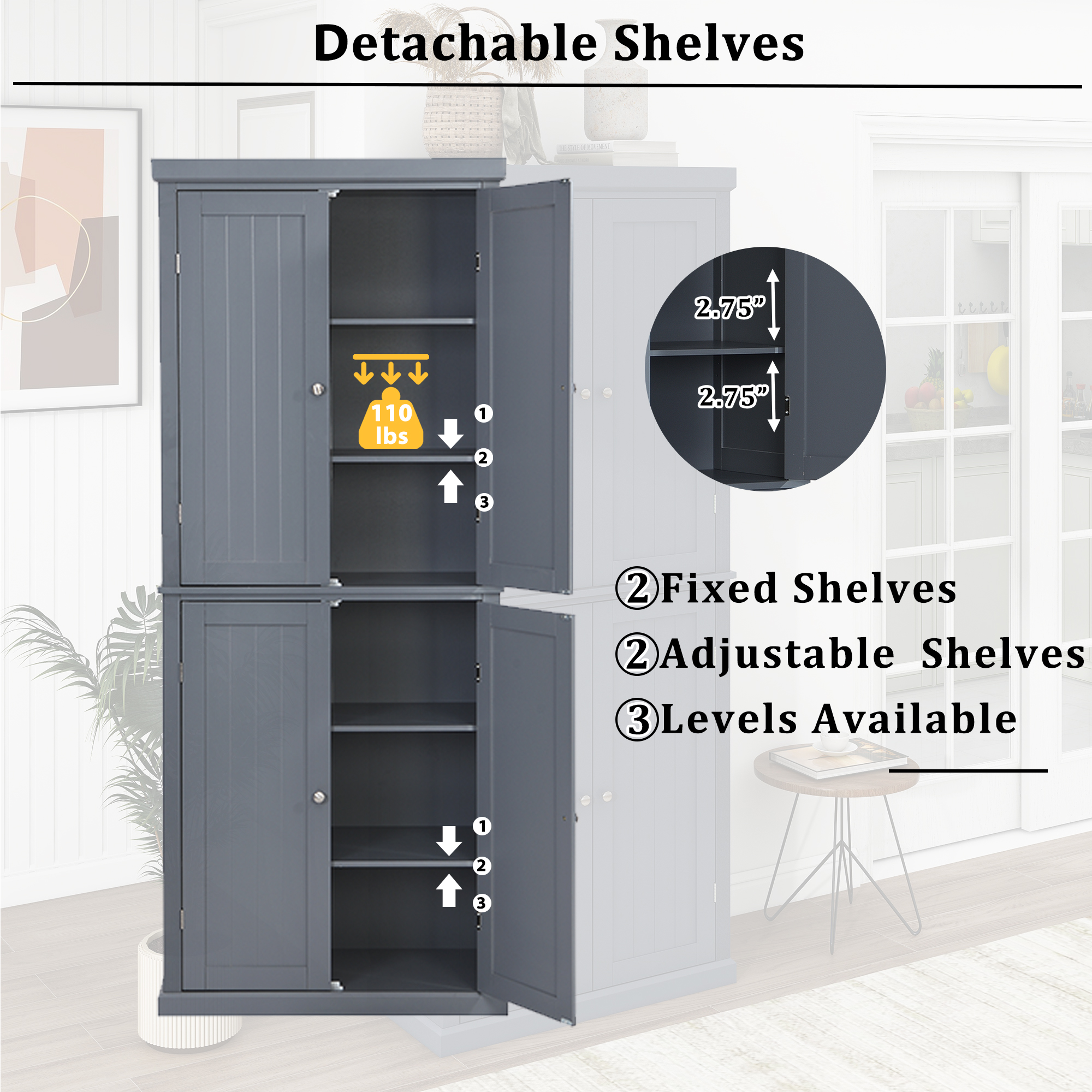 TOPMAX Freestanding Tall Kitchen Pantry, 72.4" Minimalist Kitchen Storage Cabinet Organizer with 4 Doors and Adjustable Shelves,Gray