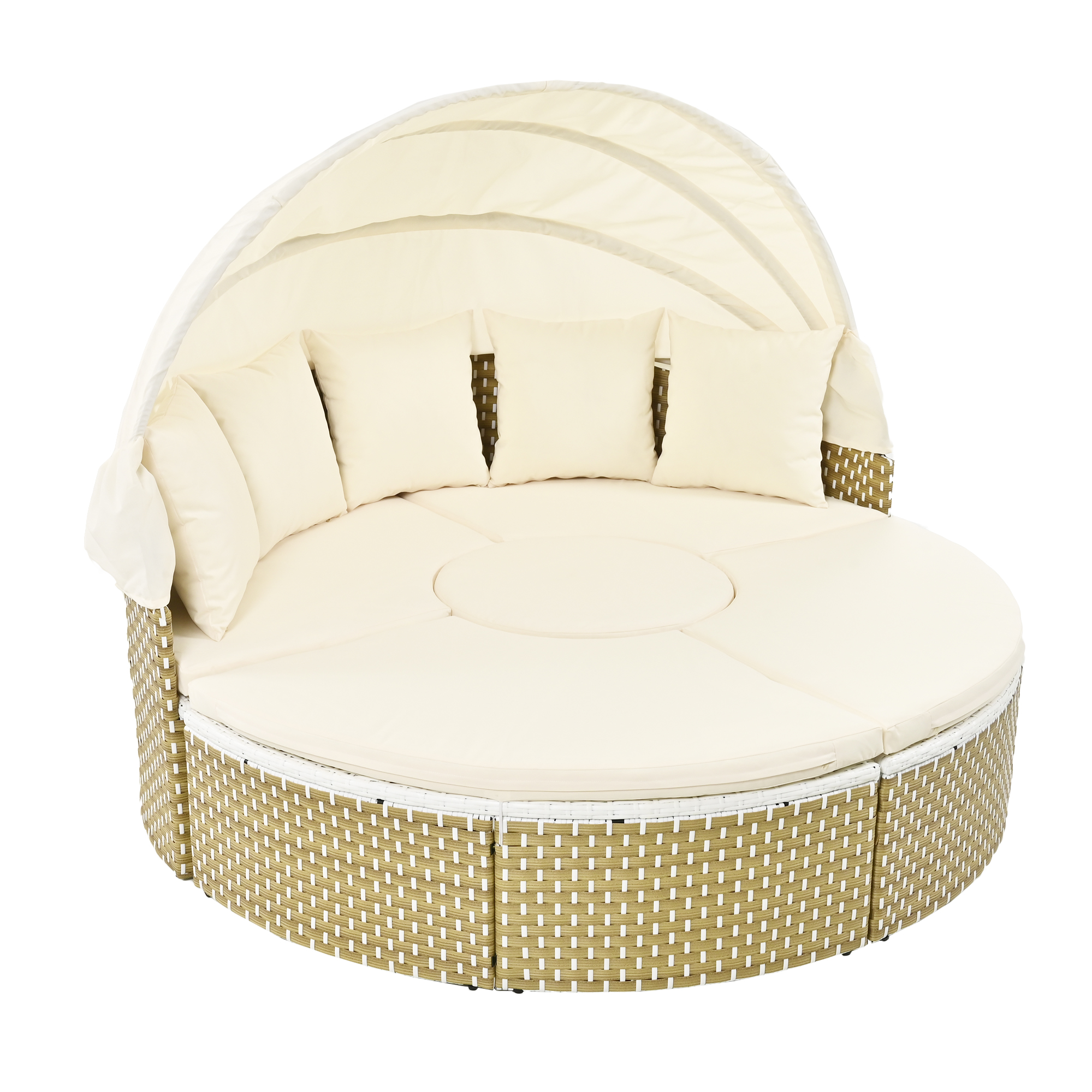 TOPMAX Patio Furniture Round Outdoor Sectional Sofa Set Rattan Daybed Two-Tone Weave Sunbed with Retractable Canopy, Separate Seating and Removable Cushion, Beige