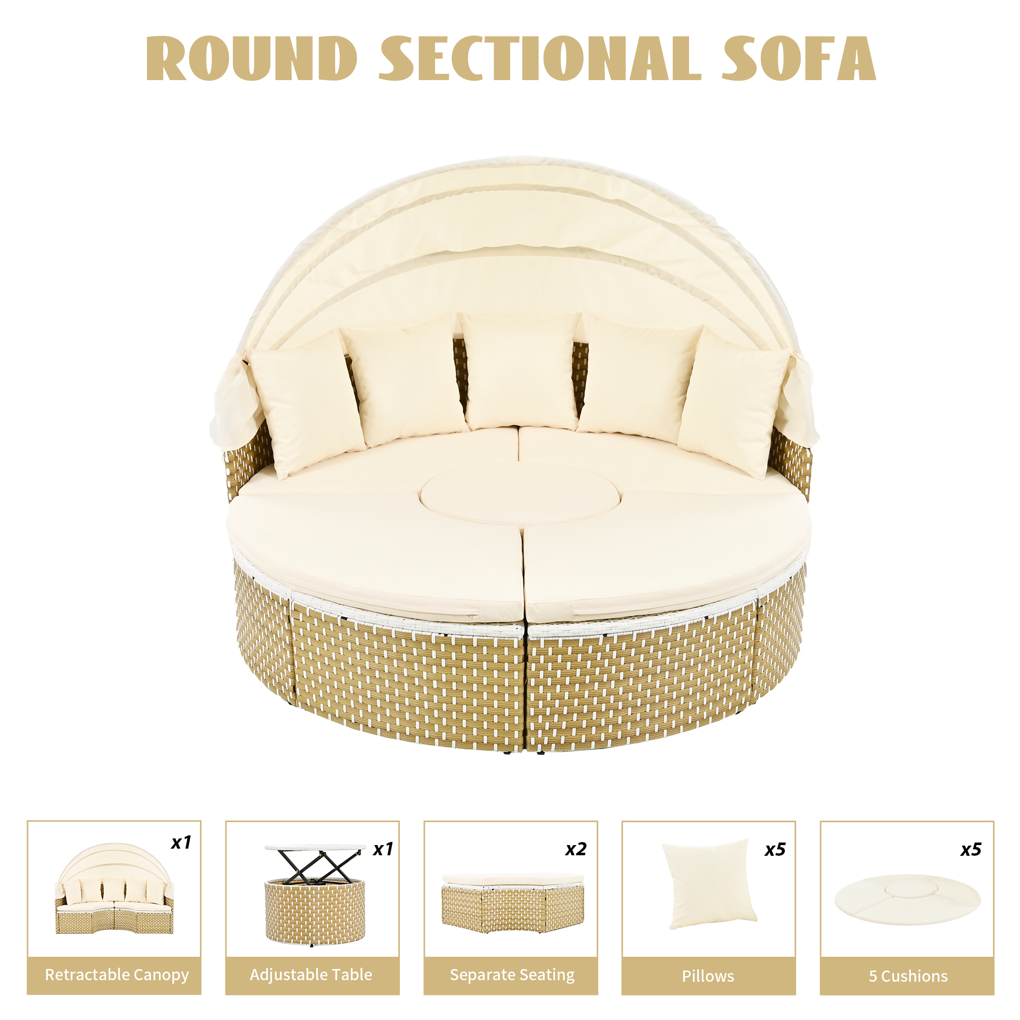 TOPMAX Patio Furniture Round Outdoor Sectional Sofa Set Rattan Daybed Two-Tone Weave Sunbed with Retractable Canopy, Separate Seating and Removable Cushion, Beige