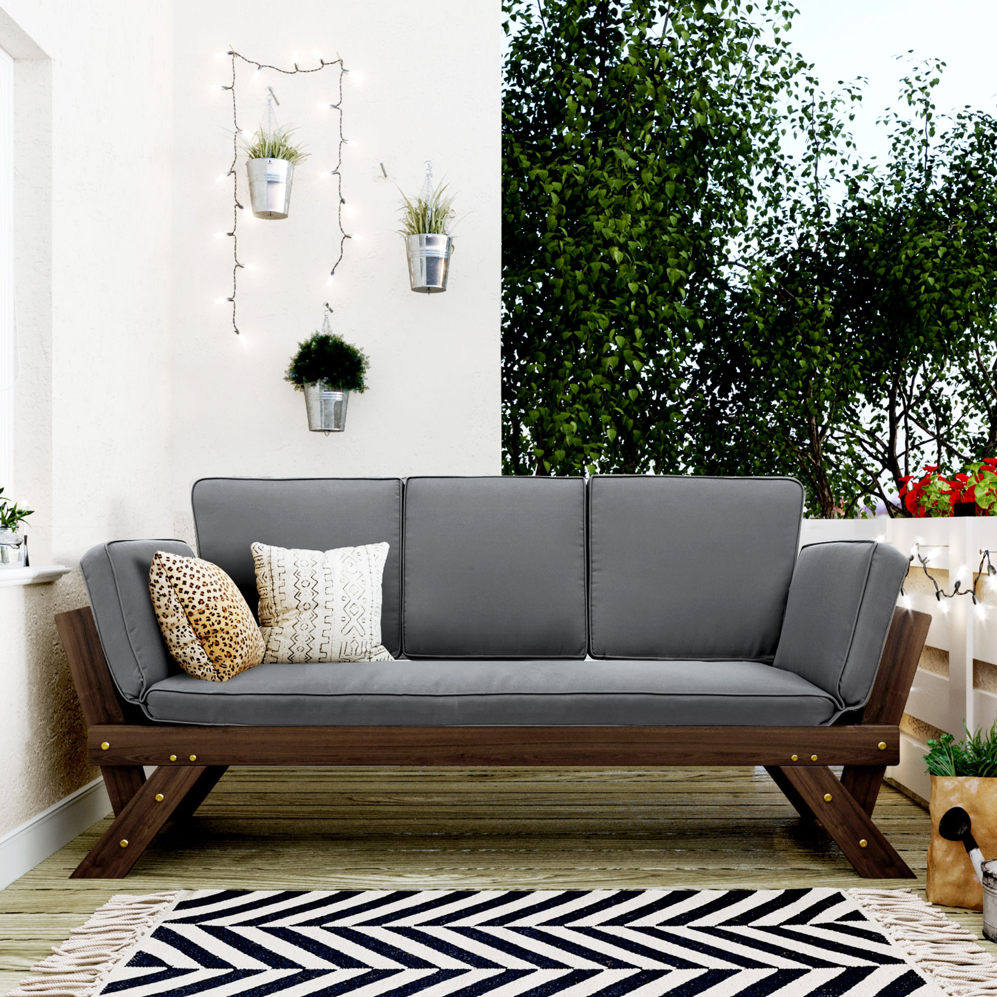 TOPMAX Outdoor Adjustable Patio Wooden Daybed Sofa Chaise Lounge with Cushions for Small Places, Brown Finish+Gray Cushion