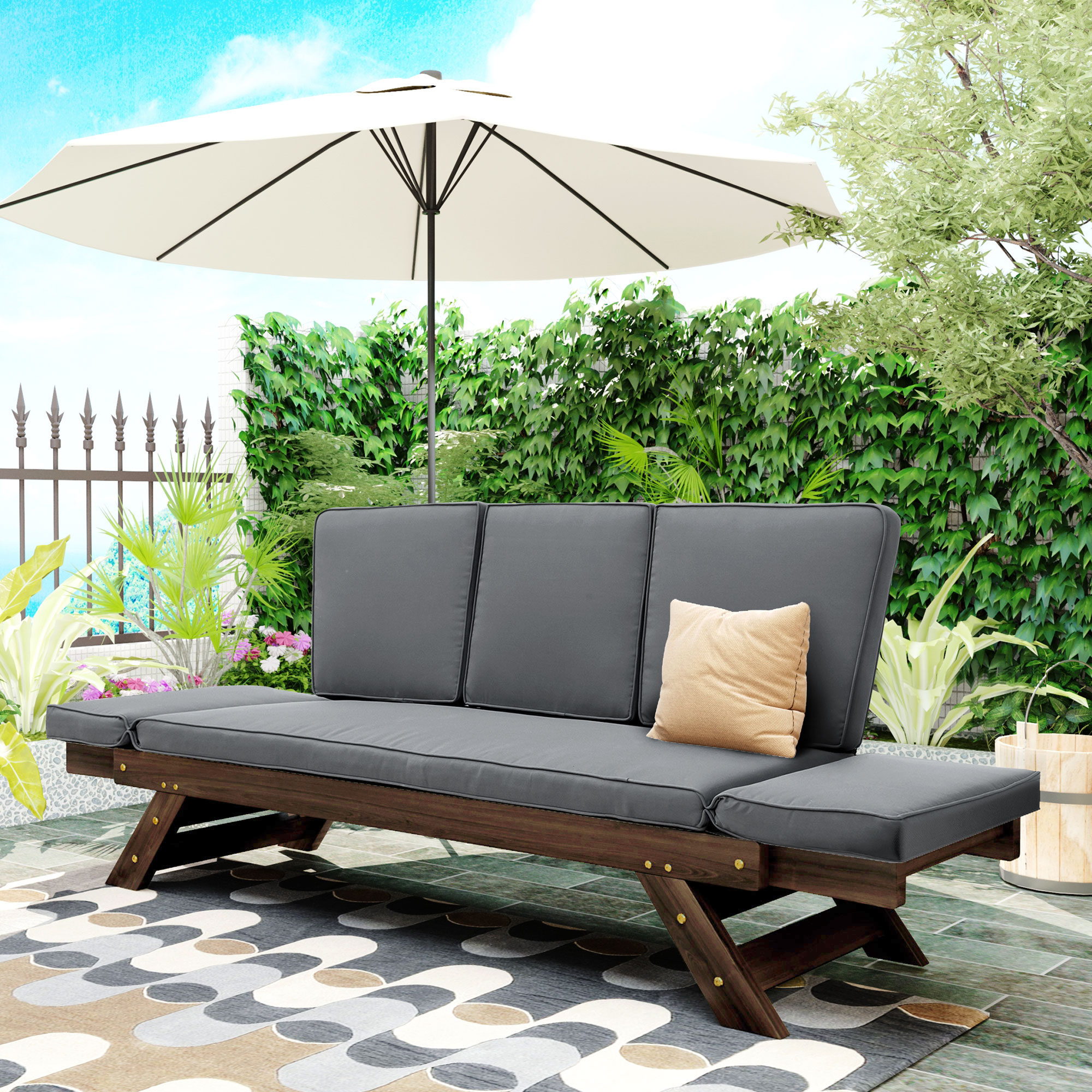 TOPMAX Outdoor Adjustable Patio Wooden Daybed Sofa Chaise Lounge with Cushions for Small Places, Brown Finish+Gray Cushion