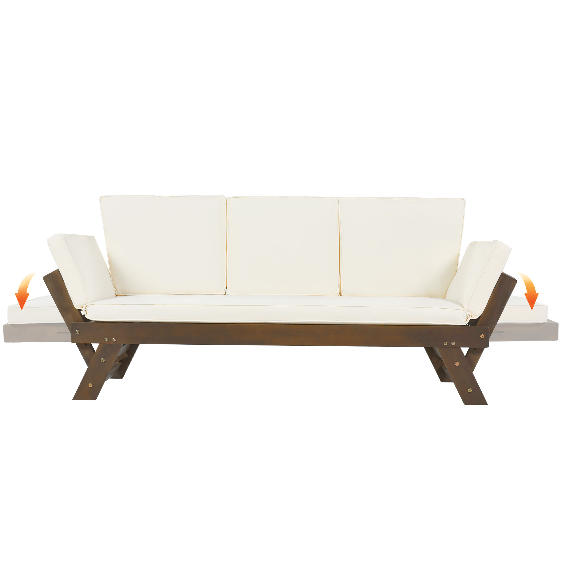 TOPMAX Outdoor Adjustable Patio Wooden Daybed Sofa Chaise Lounge with Cushions for Small Places, Brown Finish+Beige Cushion