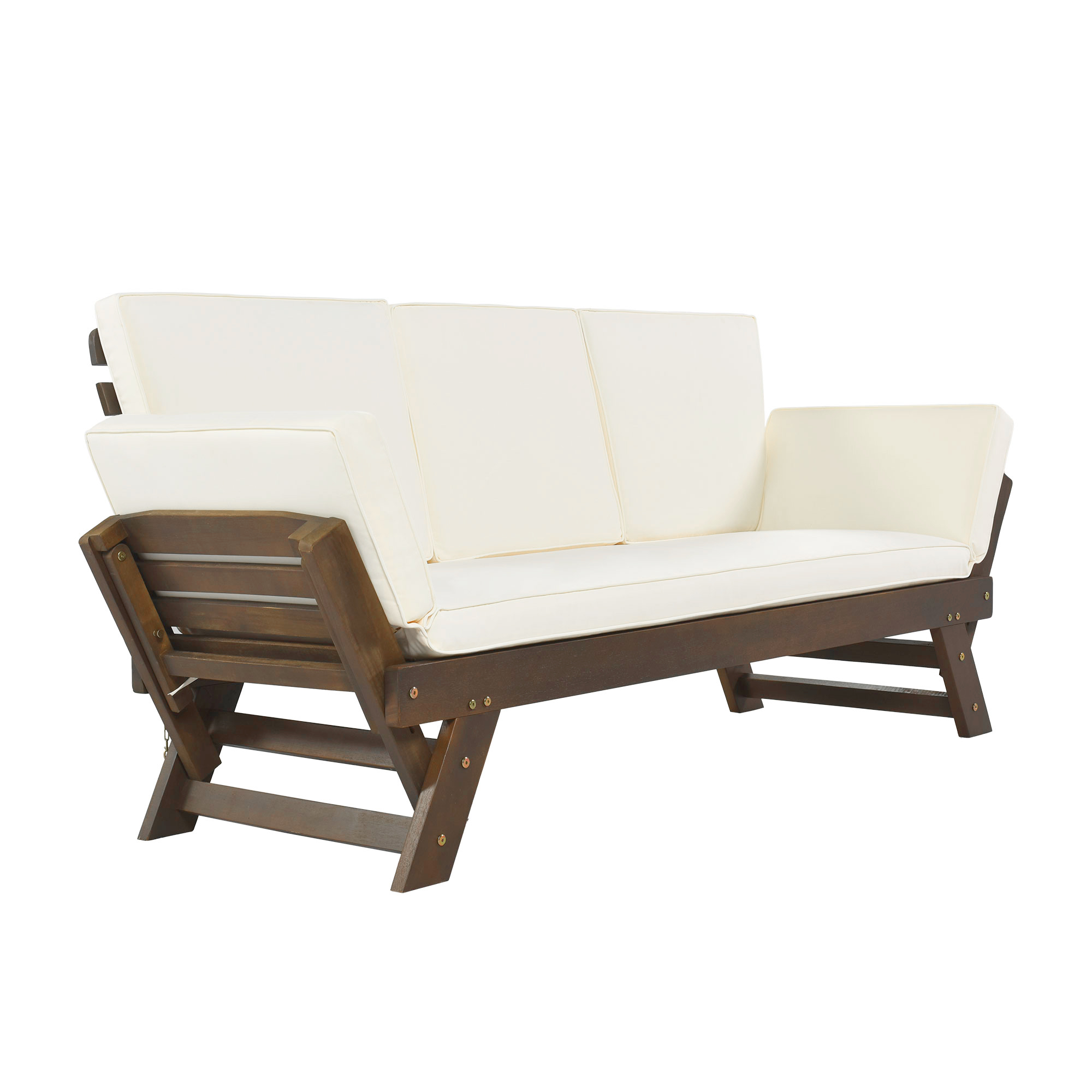 TOPMAX Outdoor Adjustable Patio Wooden Daybed Sofa Chaise Lounge with Cushions for Small Places, Brown Finish+Beige Cushion