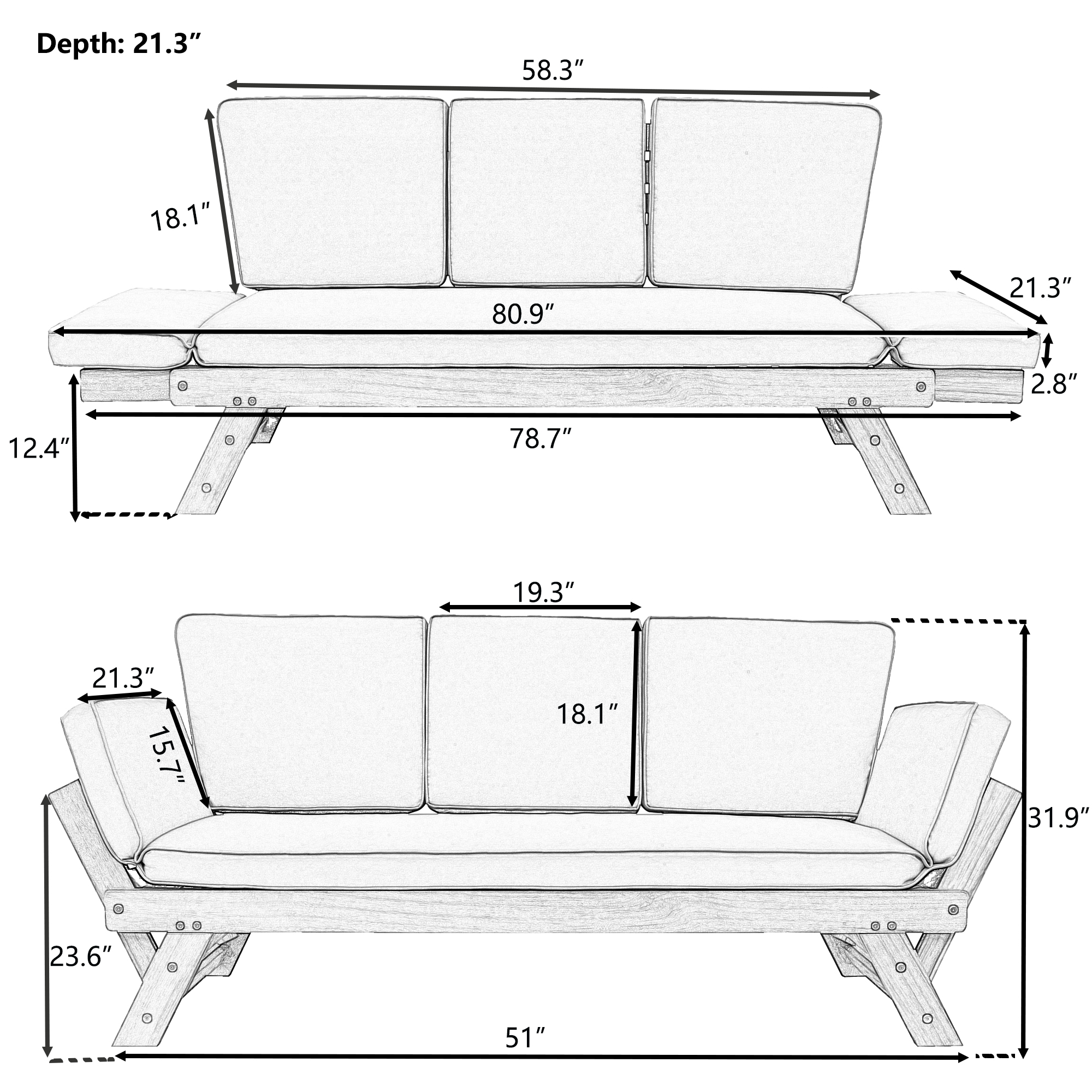 TOPMAX Outdoor Adjustable Patio Wooden Daybed Sofa Chaise Lounge with Cushions for Small Places, Brown Finish+Beige Cushion