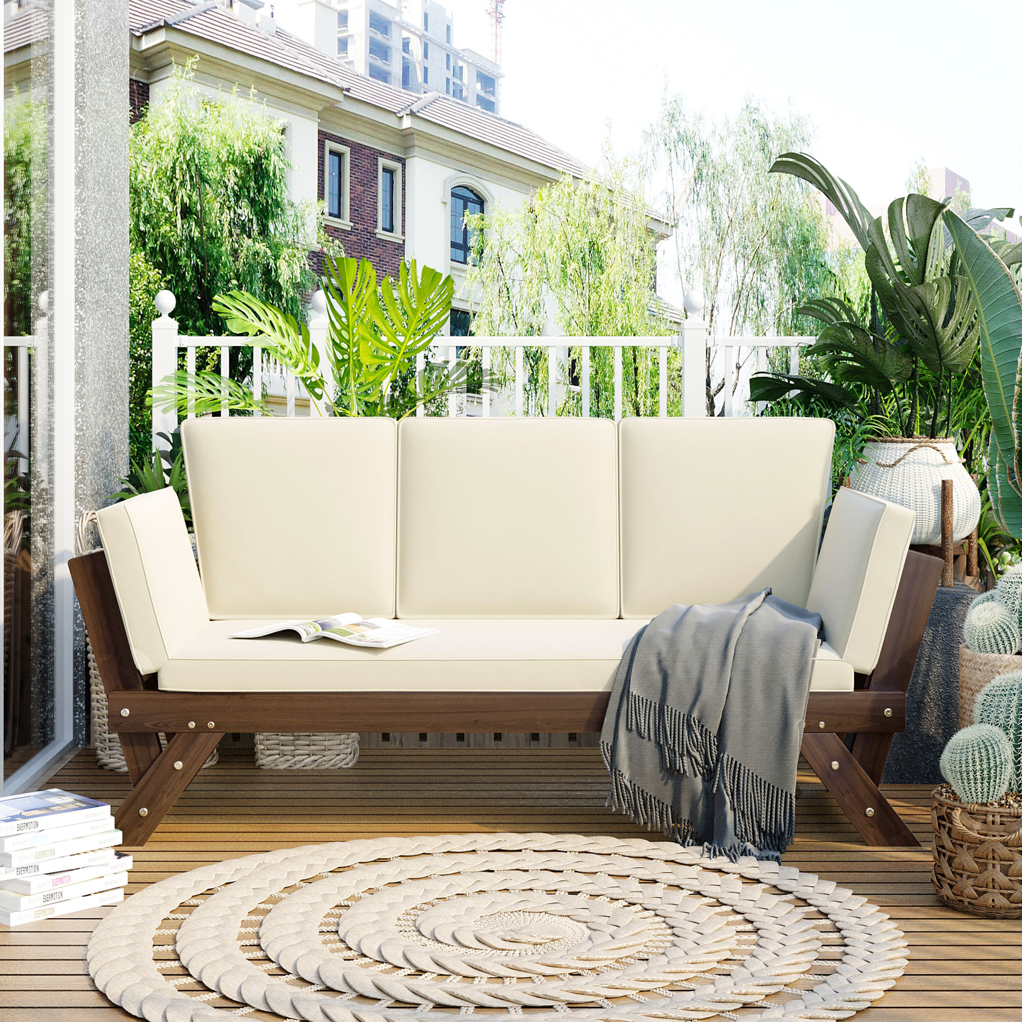 TOPMAX Outdoor Adjustable Patio Wooden Daybed Sofa Chaise Lounge with Cushions for Small Places, Brown Finish+Beige Cushion