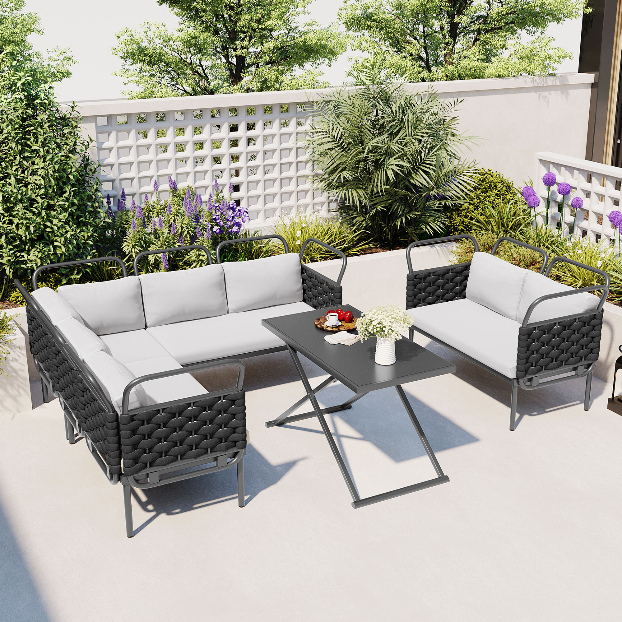 TOPMAX 5-Piece Modern Patio Sectional Sofa Set Outdoor Woven Rope Furniture Set with Glass Table and Cushions, Black+Gray