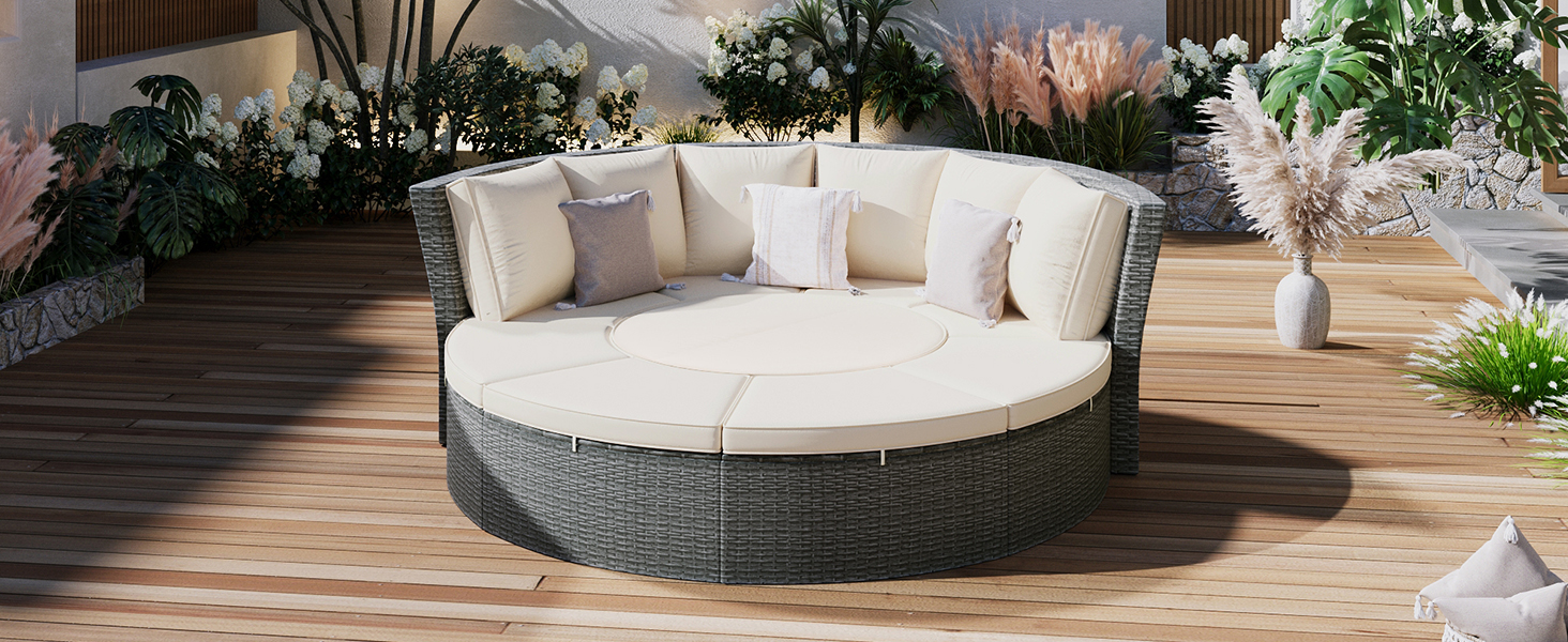 TOPMAX Patio 5-Piece Round Rattan Sectional Sofa Set All-Weather PE Wicker Sunbed Daybed with Round Liftable Table and Washable Cushions for Outdoor Backyard Poolside, Beige