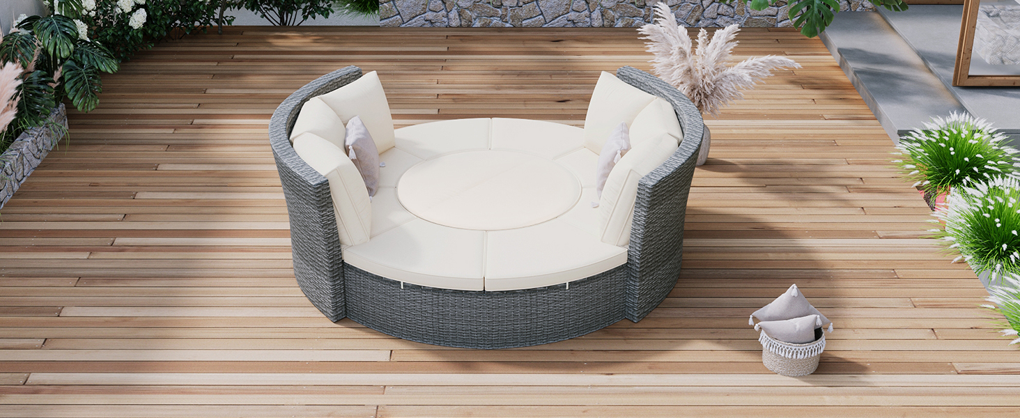 TOPMAX Patio 5-Piece Round Rattan Sectional Sofa Set All-Weather PE Wicker Sunbed Daybed with Round Liftable Table and Washable Cushions for Outdoor Backyard Poolside, Beige