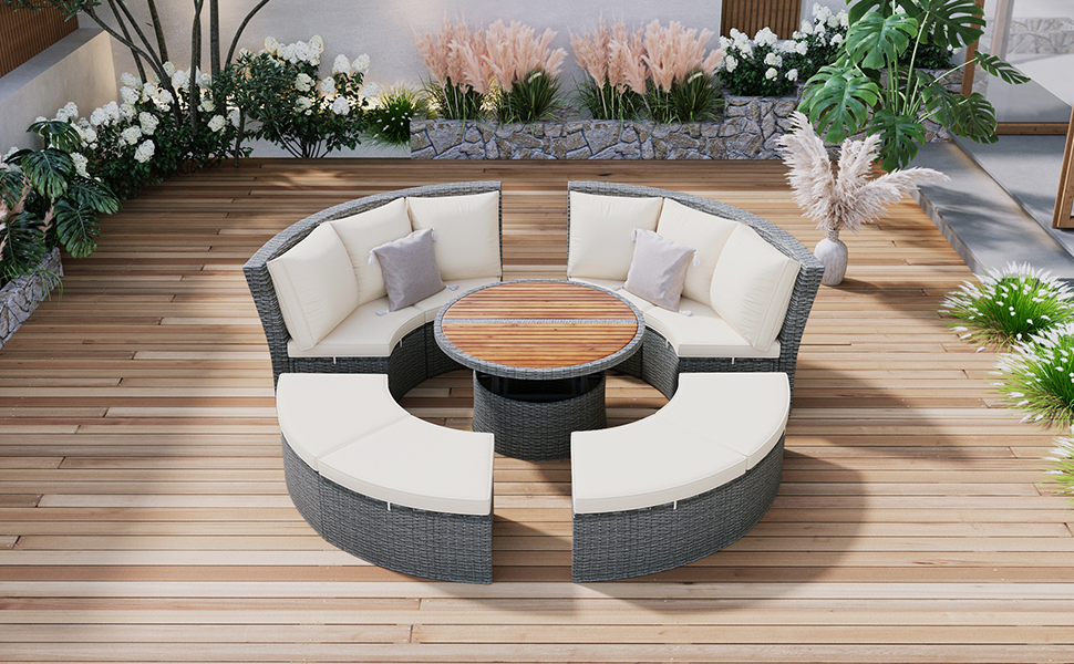 TOPMAX Patio 5-Piece Round Rattan Sectional Sofa Set All-Weather PE Wicker Sunbed Daybed with Round Liftable Table and Washable Cushions for Outdoor Backyard Poolside, Beige