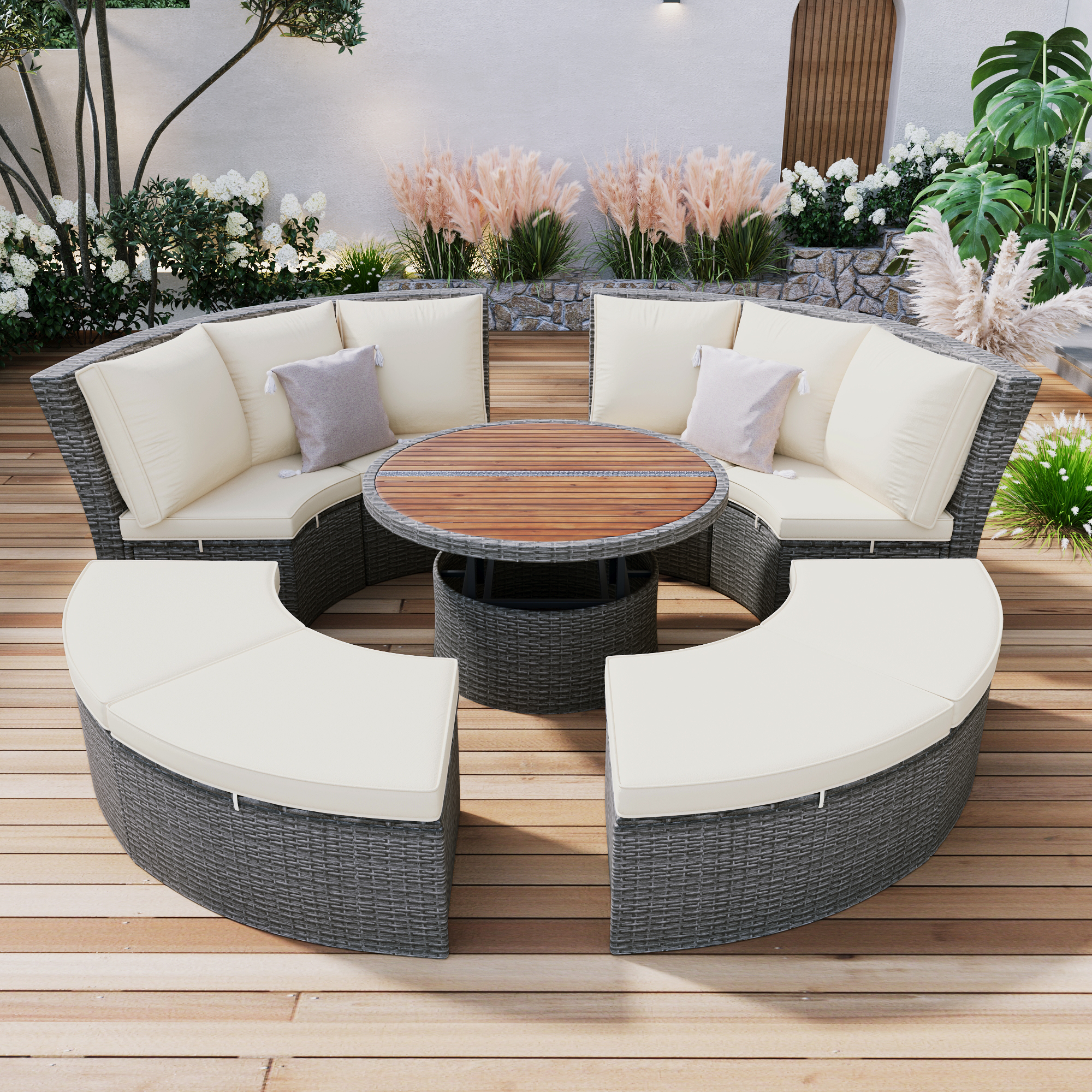 TOPMAX Patio 5-Piece Round Rattan Sectional Sofa Set All-Weather PE Wicker Sunbed Daybed with Round Liftable Table and Washable Cushions for Outdoor Backyard Poolside, Beige