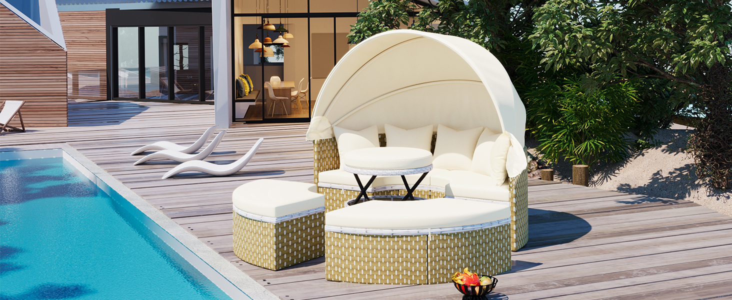 TOPMAX Patio Furniture Round Outdoor Sectional Sofa Set Rattan Daybed Two-Tone Weave Sunbed with Retractable Canopy, Separate Seating and Removable Cushion, Beige