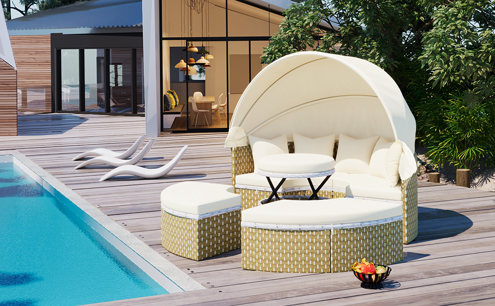 TOPMAX Patio Furniture Round Outdoor Sectional Sofa Set Rattan Daybed Two-Tone Weave Sunbed with Retractable Canopy, Separate Seating and Removable Cushion, Beige