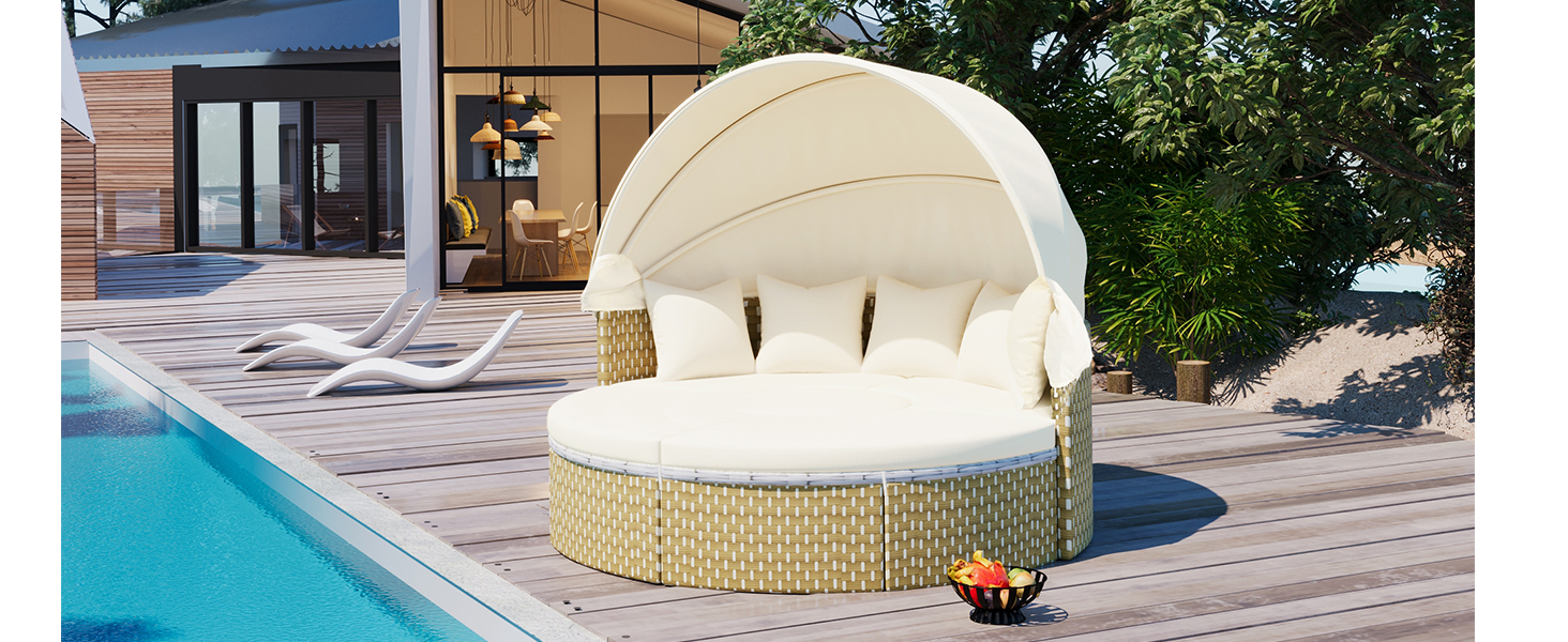 TOPMAX Patio Furniture Round Outdoor Sectional Sofa Set Rattan Daybed Two-Tone Weave Sunbed with Retractable Canopy, Separate Seating and Removable Cushion, Beige