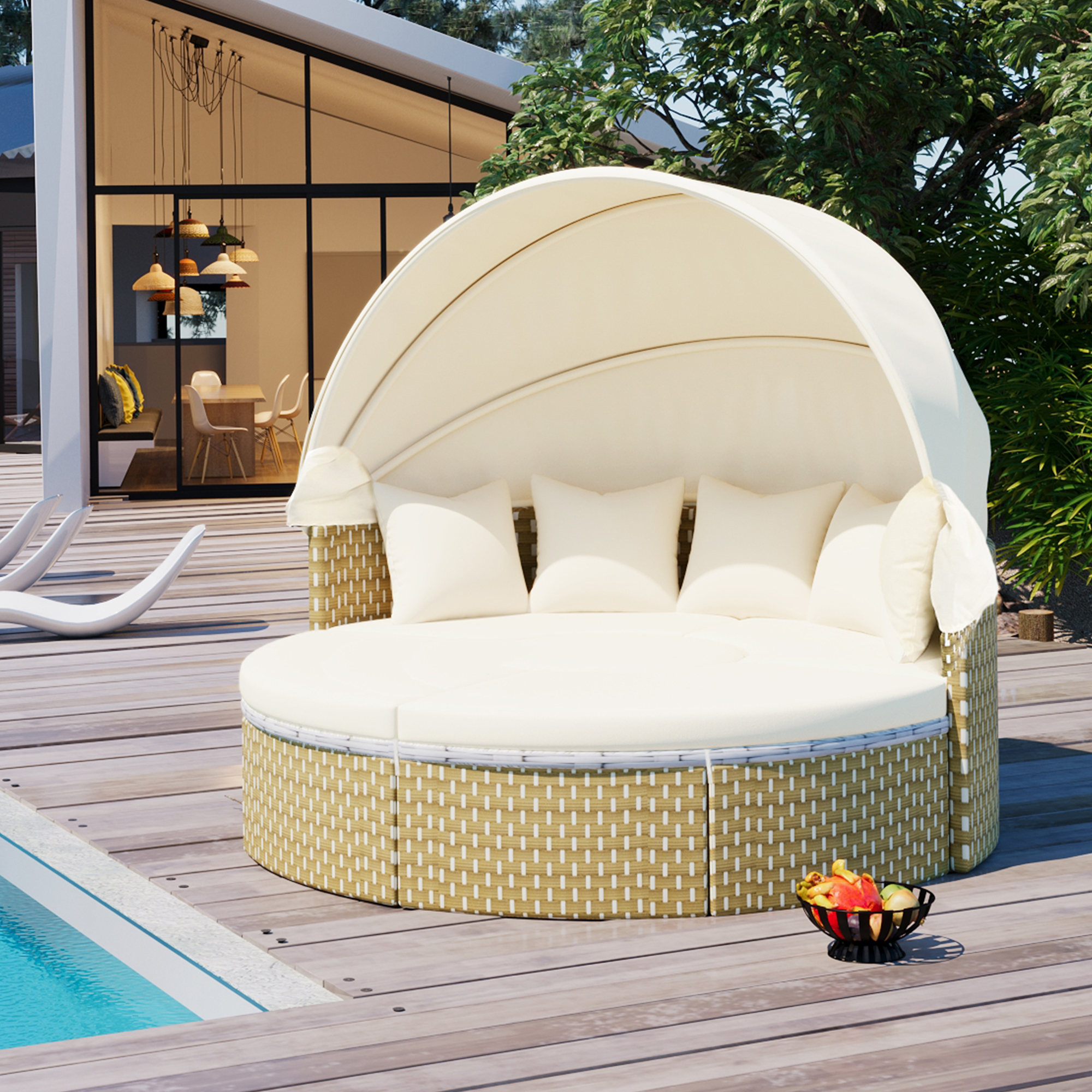 TOPMAX Patio Furniture Round Outdoor Sectional Sofa Set Rattan Daybed Two-Tone Weave Sunbed with Retractable Canopy, Separate Seating and Removable Cushion, Beige