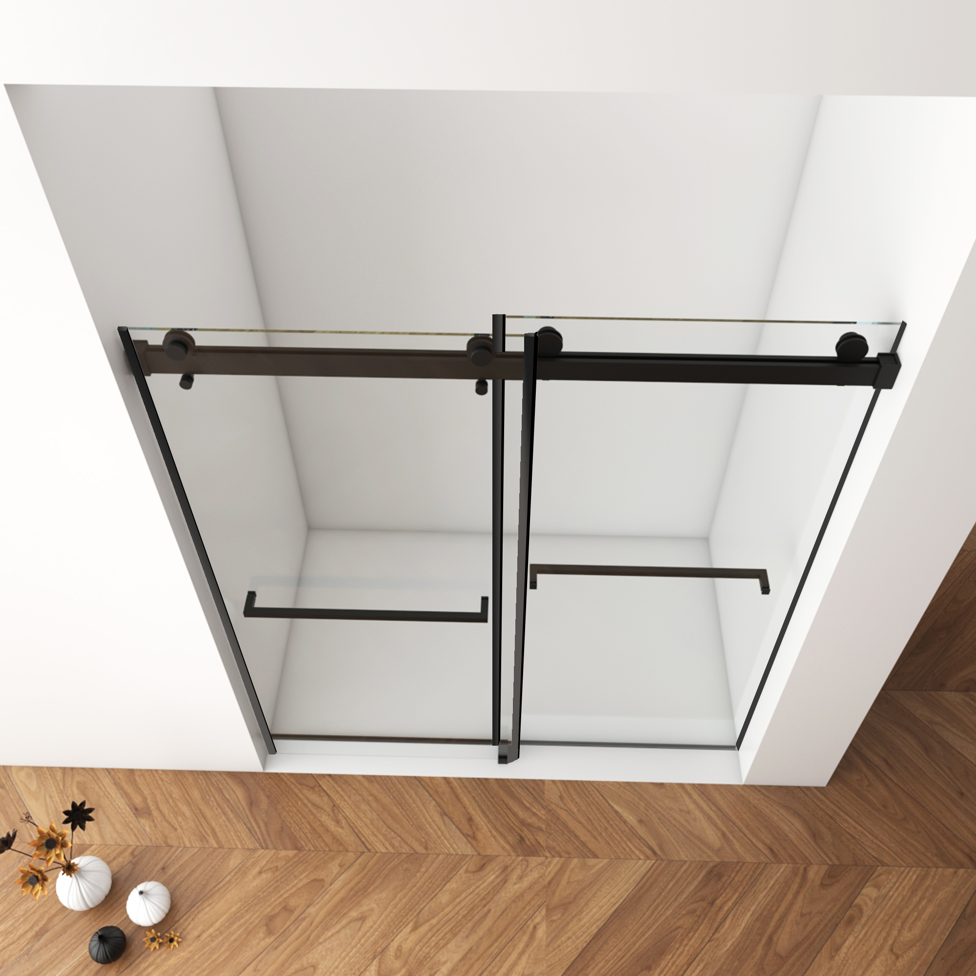 56"-60"W x 76"H Frameless Shower Door, Double Sliding Shower Door, with Premium 3/8'' (10mm) Thick Tempered Glass Shower Enclosure,Double Side Easy Clean Coat,Matte Black Finished With Buffer