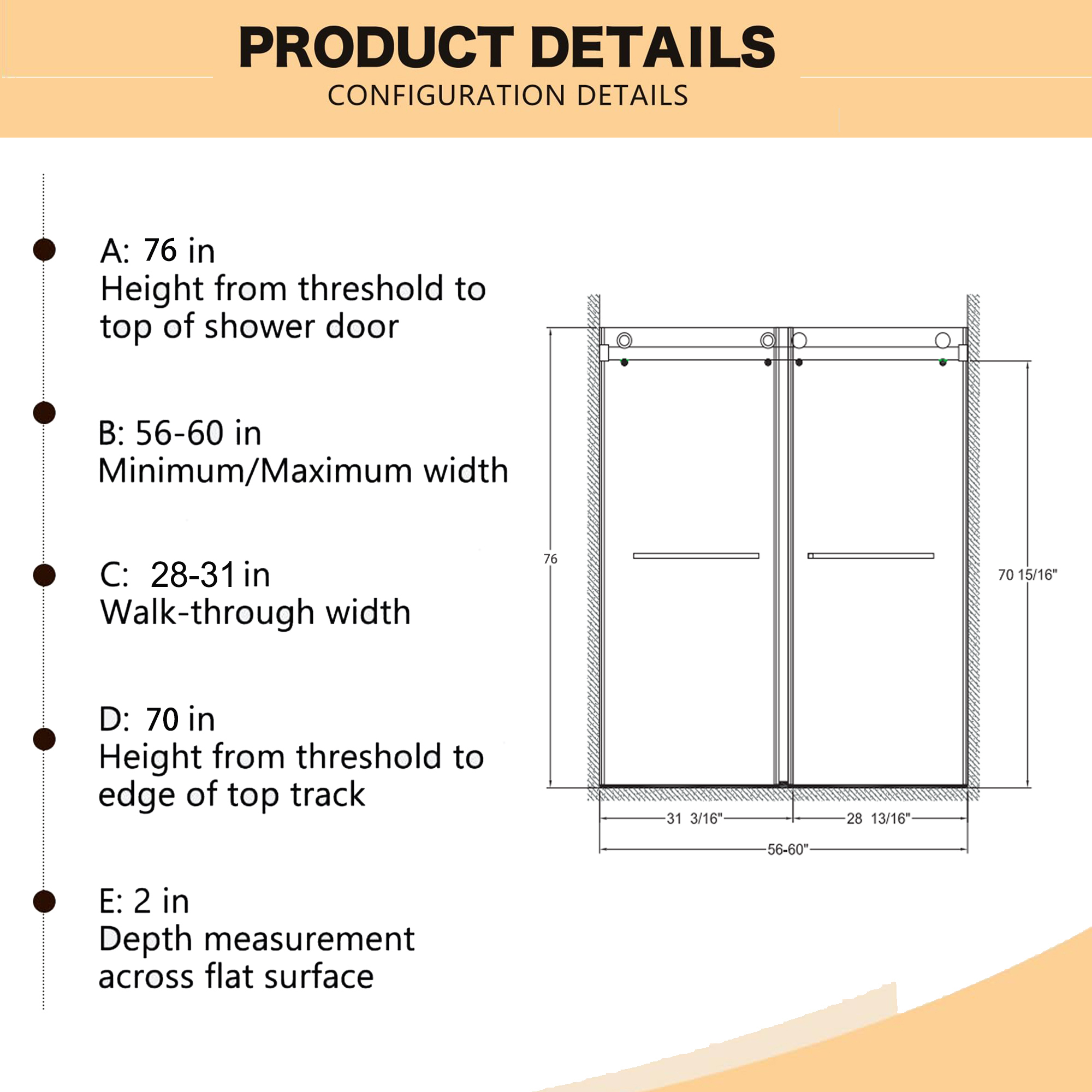 56"-60"W x 76"H Frameless Shower Door, Double Sliding Shower Door, with Premium 3/8'' (10mm) Thick Tempered Glass Shower Enclosure,Double Side Easy Clean Coat,Matte Black Finished With Buffer