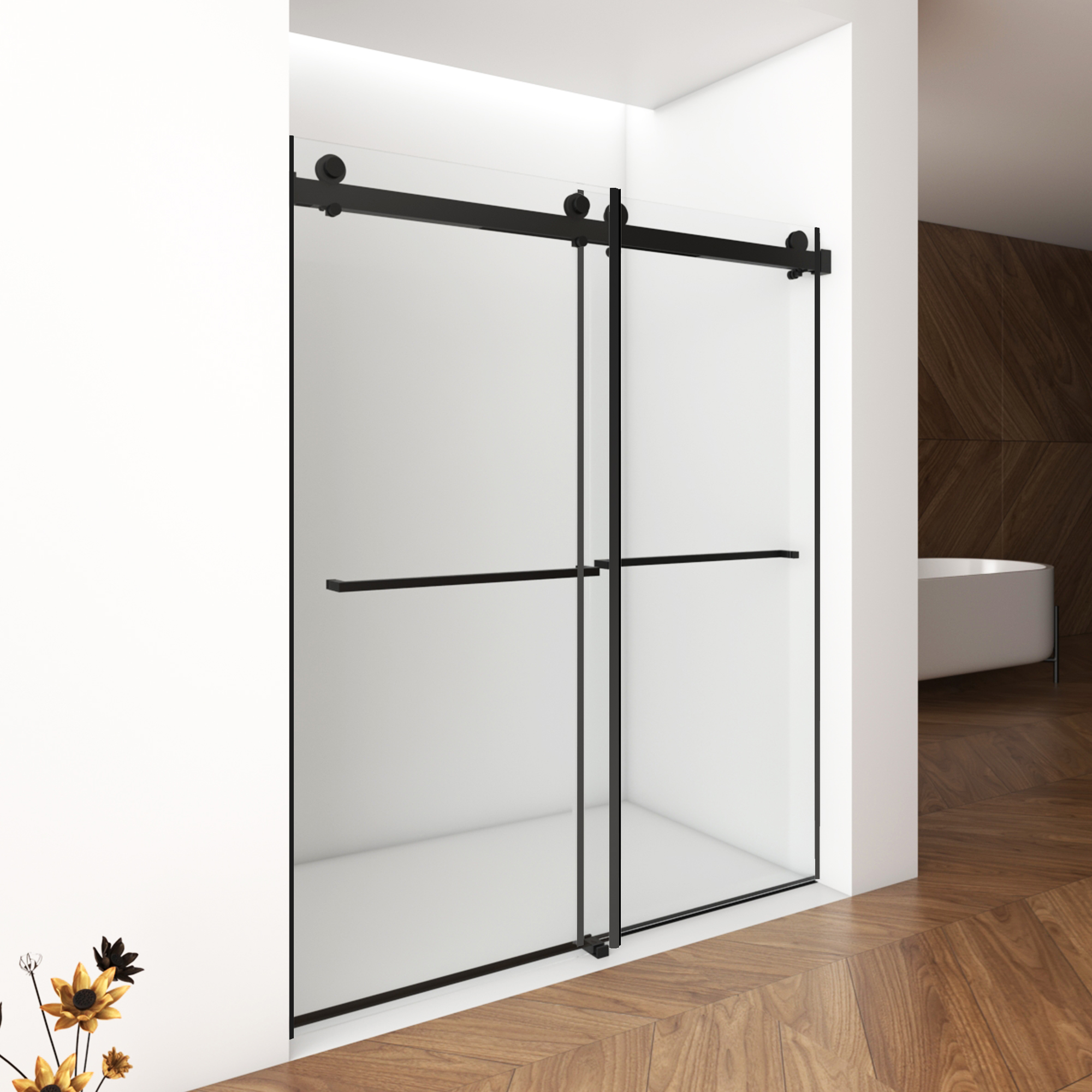 56"-60"W x 76"H Frameless Shower Door, Double Sliding Shower Door, with Premium 3/8'' (10mm) Thick Tempered Glass Shower Enclosure,Double Side Easy Clean Coat,Matte Black Finished With Buffer