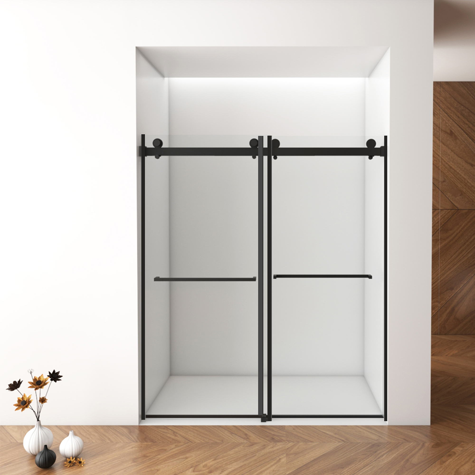 56"-60"W x 76"H Frameless Shower Door, Double Sliding Shower Door, with Premium 3/8'' (10mm) Thick Tempered Glass Shower Enclosure,Double Side Easy Clean Coat,Matte Black Finished With Buffer