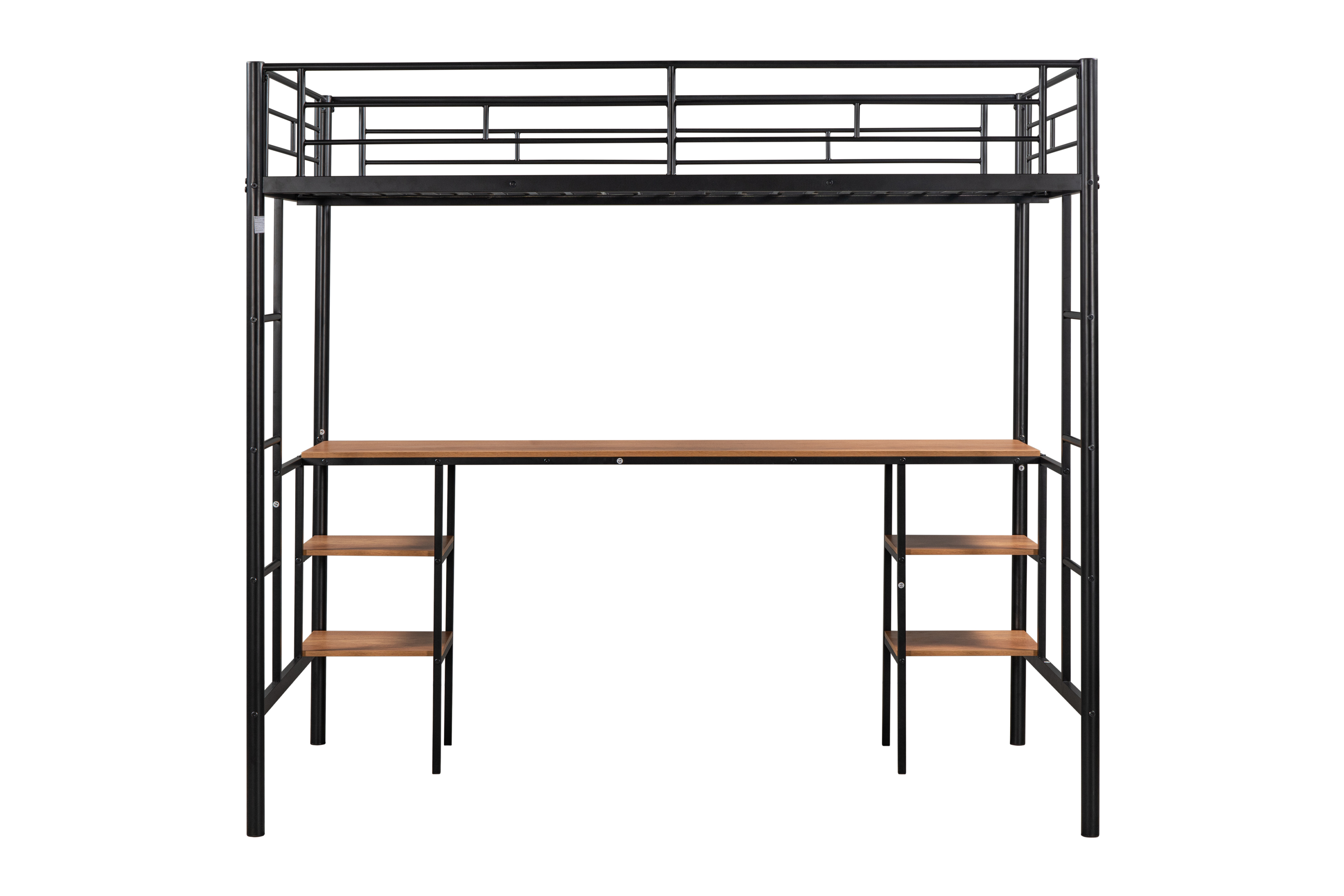 Twin-size Loft Bed with Table & Shelves/ Heavy-duty Sturdy Metal/ Built-in Table & Shelves/ Noise Reduced/ Safety Guardrail/ 2 Side Ladders/ CPC Certified/ No Box Spring Needed