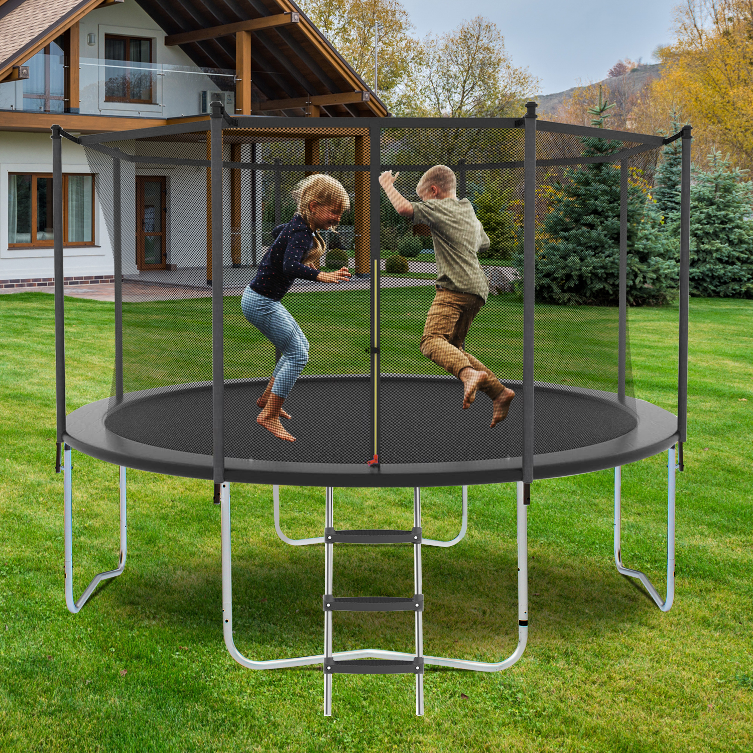 12FT Trampoline with Safety Enclosure Net, Outdoor Trampoline with Heavy Duty Jumping Mat and Spring Cover Padding for Kids and Adults