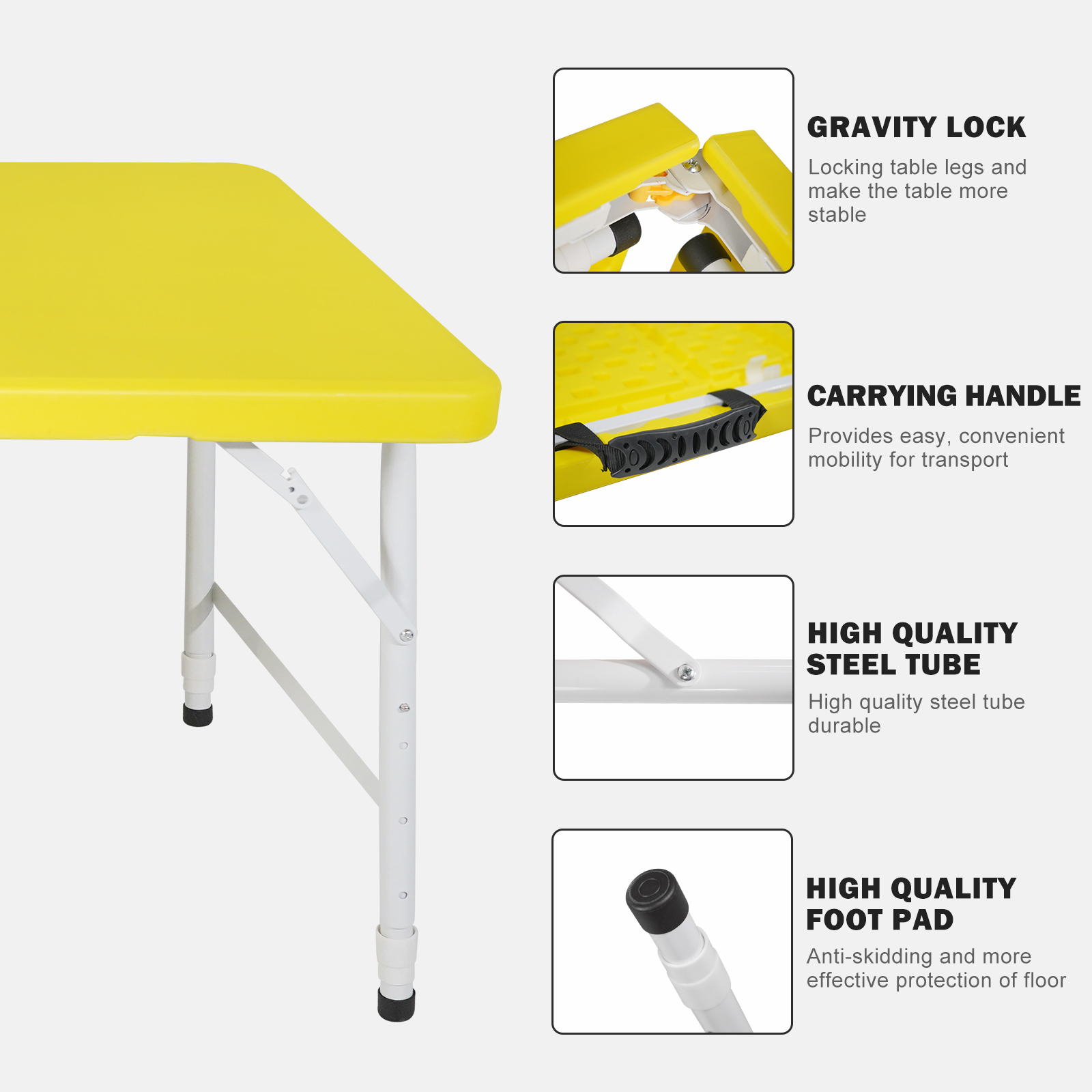 4ft Yellow Portable Folding Table Indoor&Outdoor Maximum Weight 135KG Foldable Table for Camping