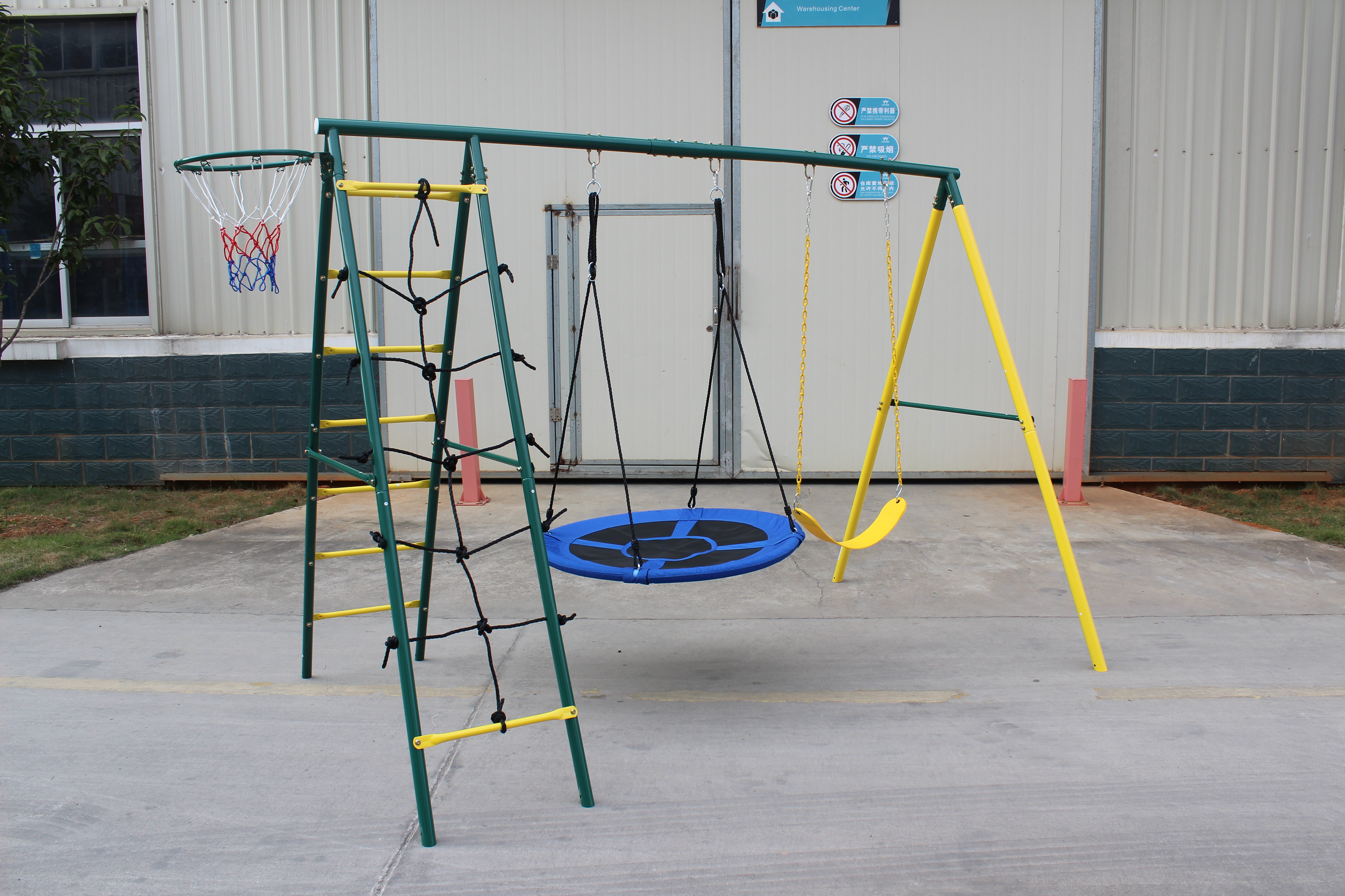 Swing Set for Kids Outdoor Backyard Playground Swing Set with Ladder and Basketball Hoop