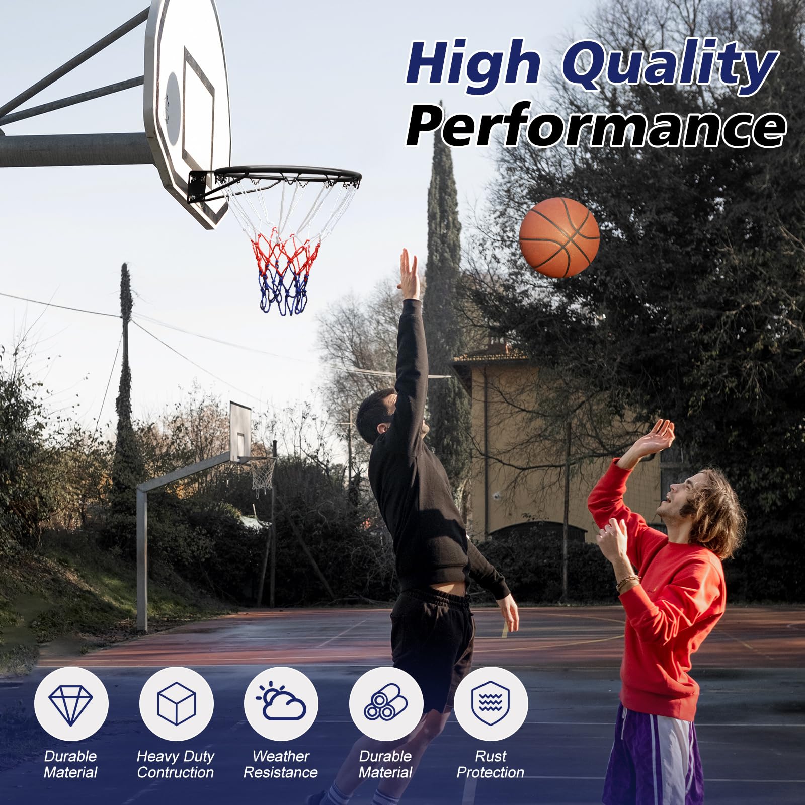 Basketball Rim Replacement Standard 18" Steel Rim Wall Mounted Basketball Goal Hoop with Net for Indoor Outdoor Black