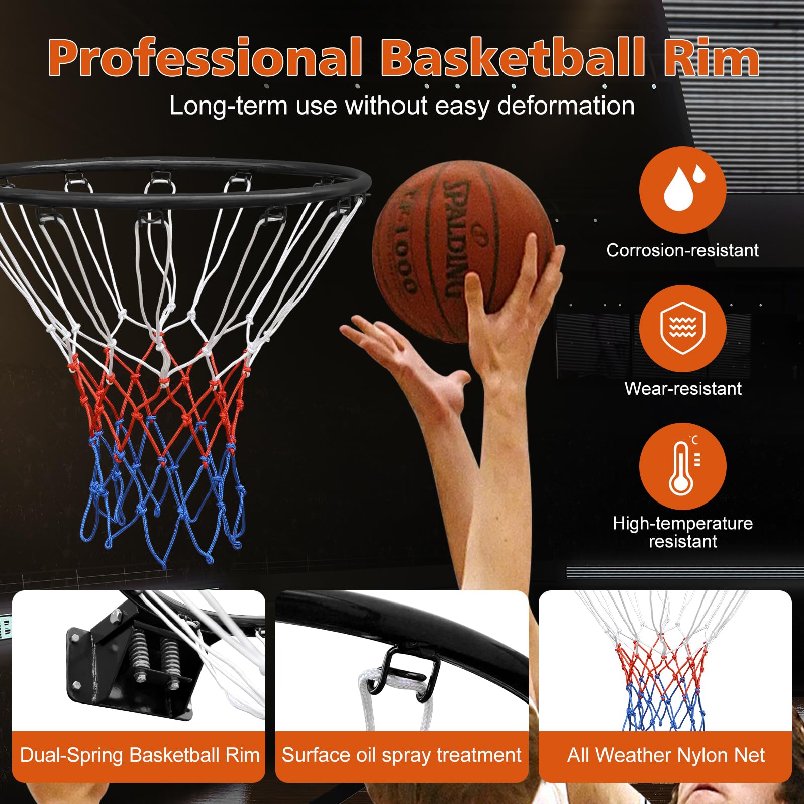 Basketball Double Spring Solid Rim, 18" Steel Basketball Rim for Indoor and Outdoor Black