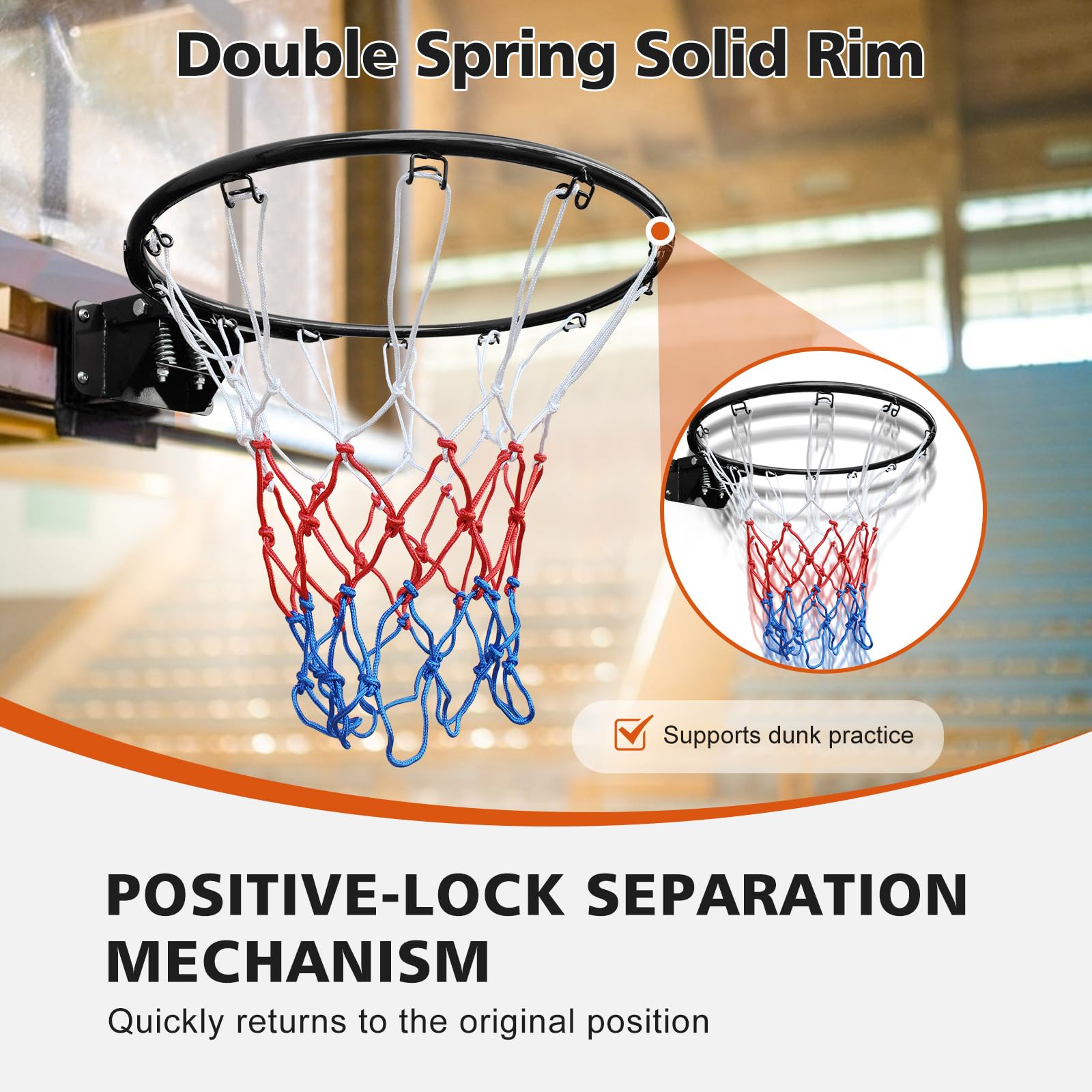 Basketball Double Spring Solid Rim, 18" Steel Basketball Rim for Indoor and Outdoor Black