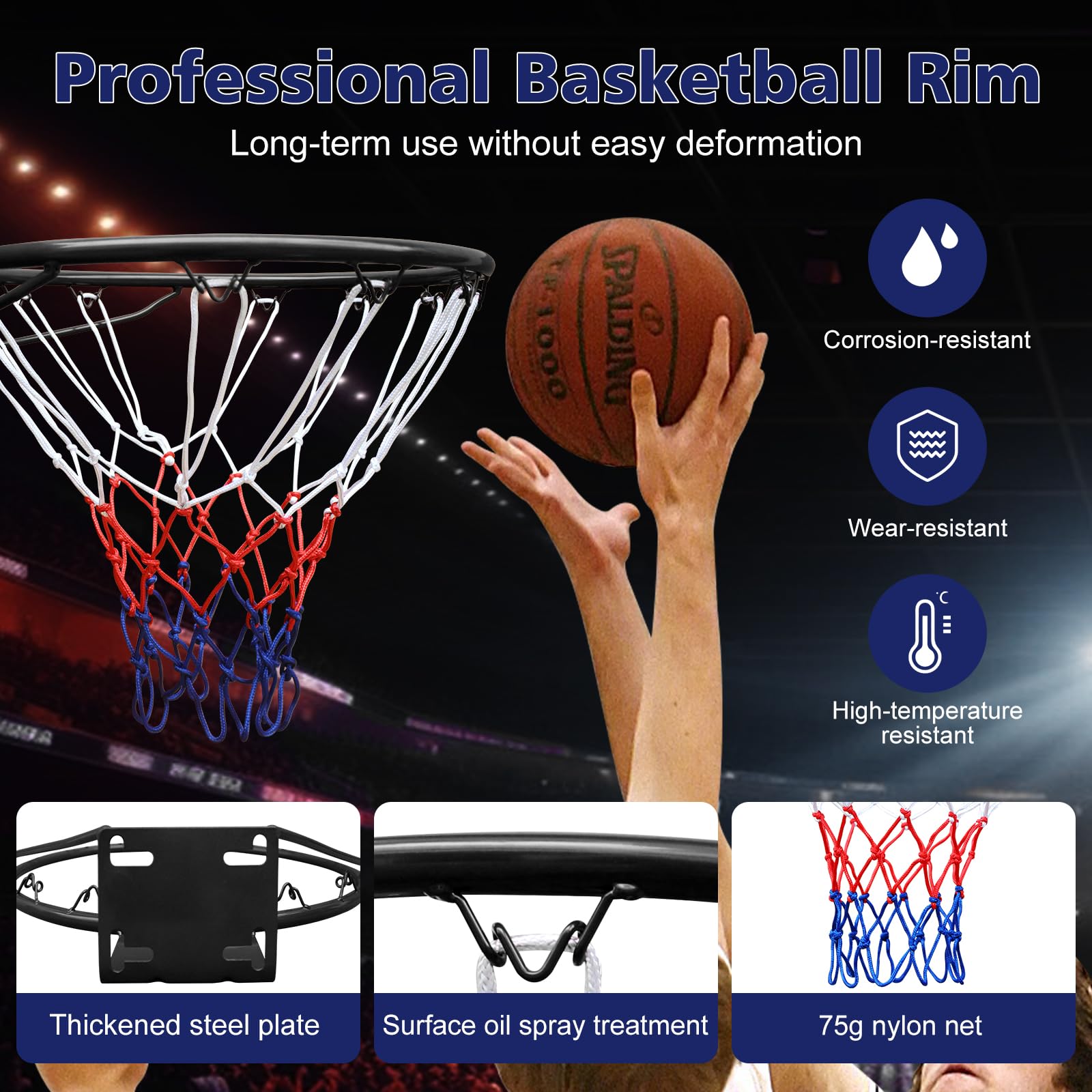 Basketball Rim Replacement Standard 18" Steel Rim Wall Mounted Basketball Goal Hoop with Net for Indoor Outdoor Black