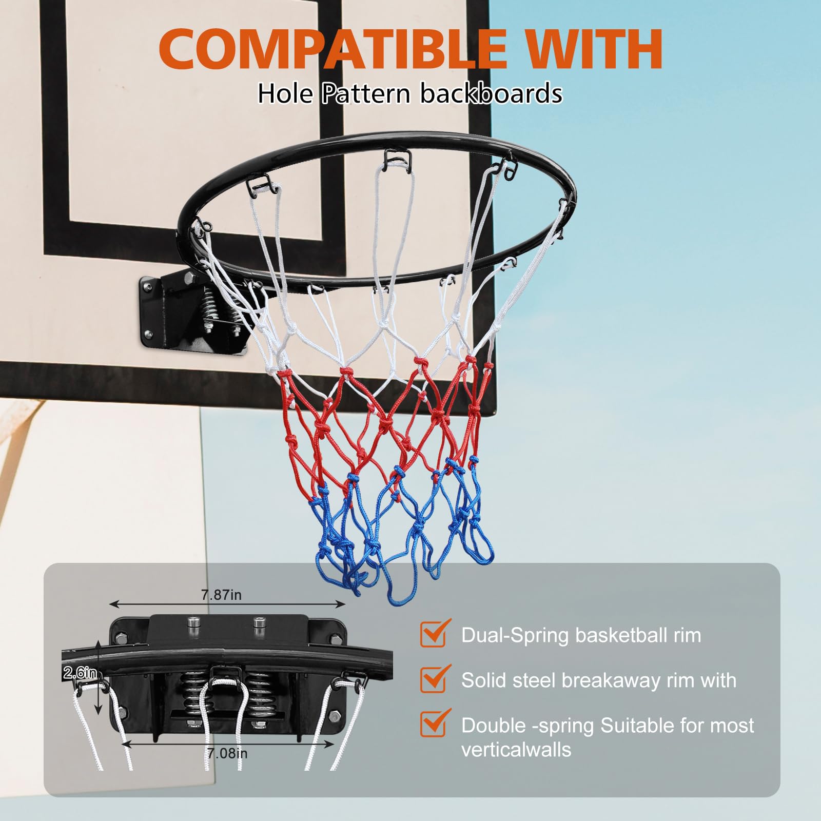 Basketball Double Spring Solid Rim, 18" Steel Basketball Rim for Indoor and Outdoor Black