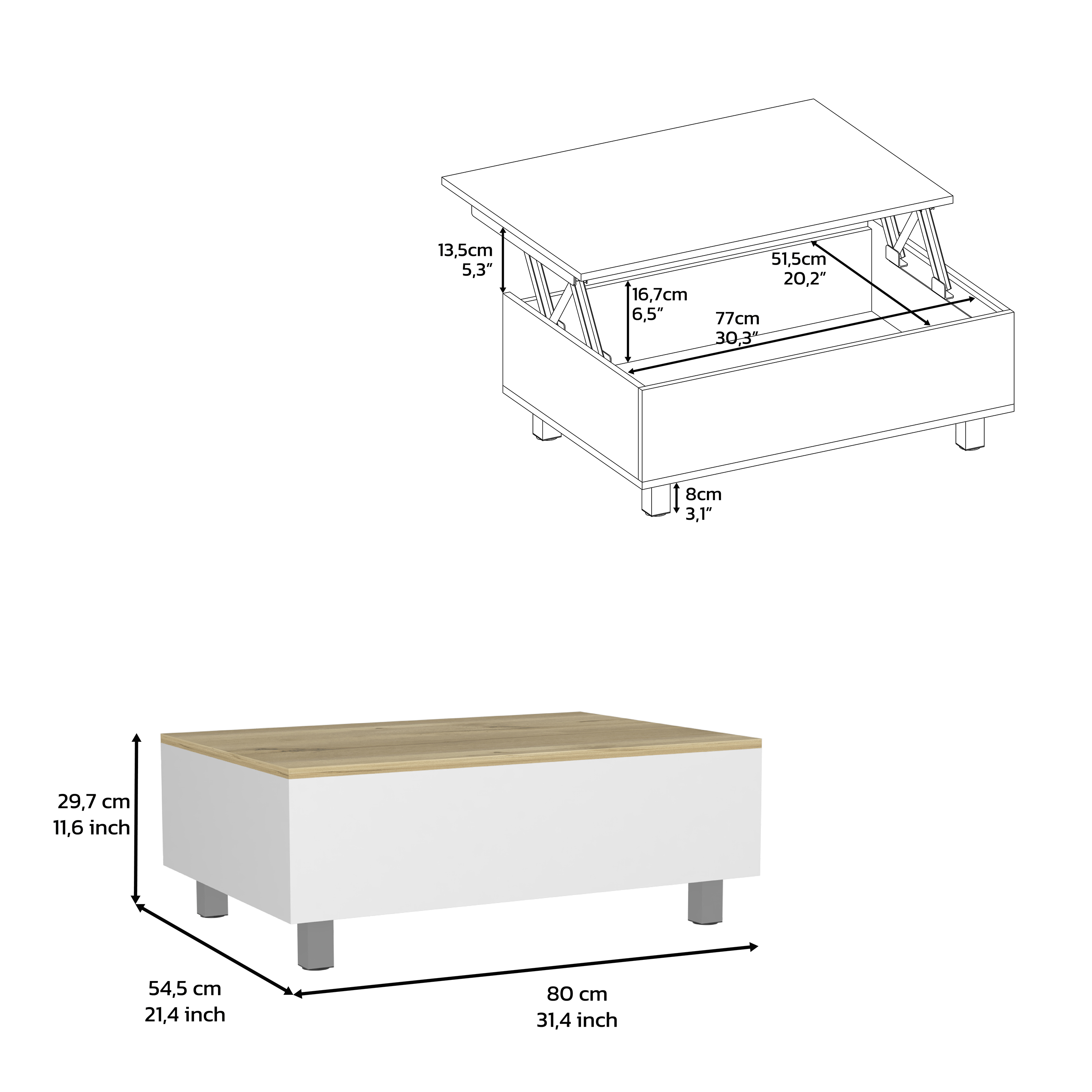 Table basse Aran avec plateau relevable, compartiment de rangement, blanc / chêne clair