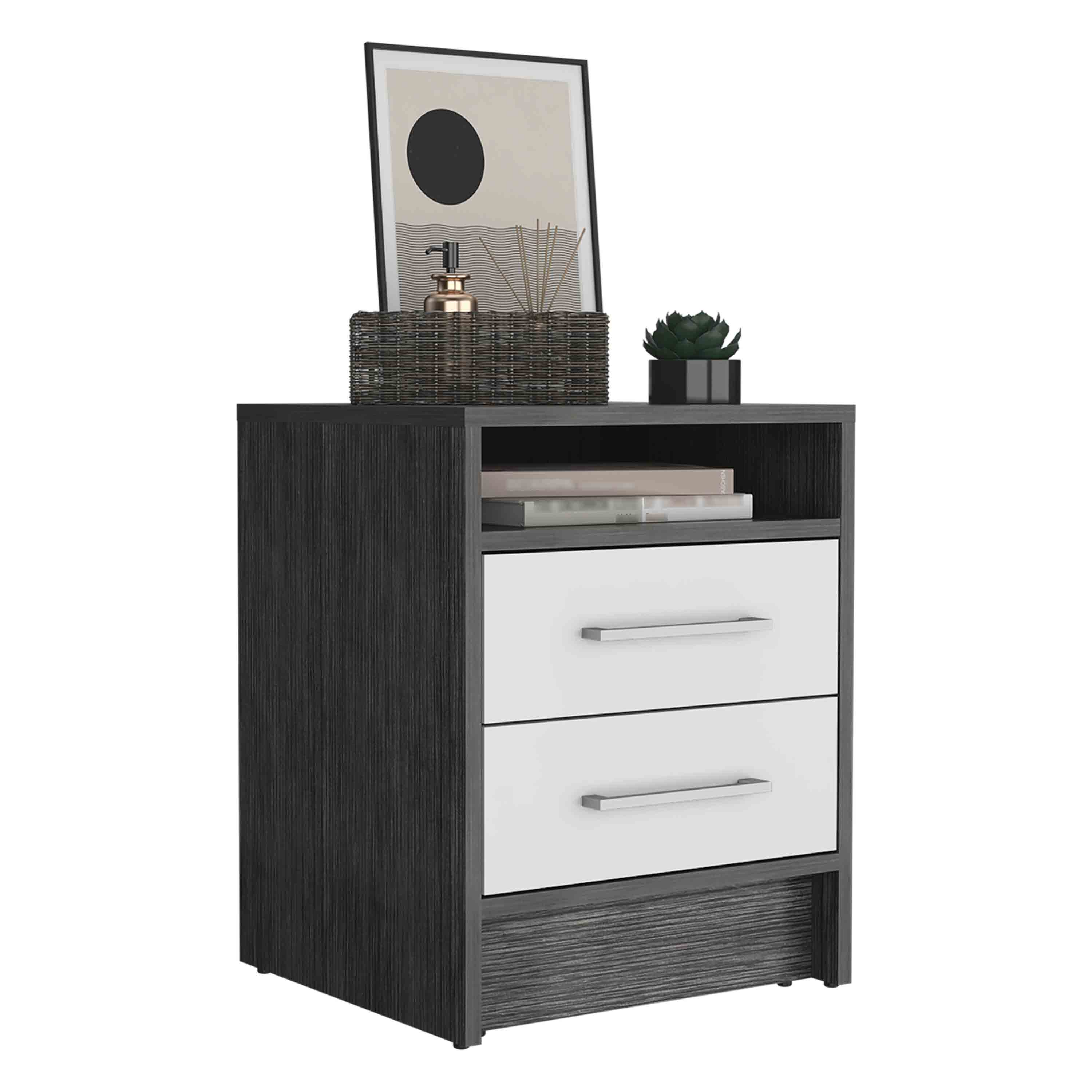 Nightstand 20"H, Two Drawers, Superior Top, Metal Handles, Smokey Oak / White