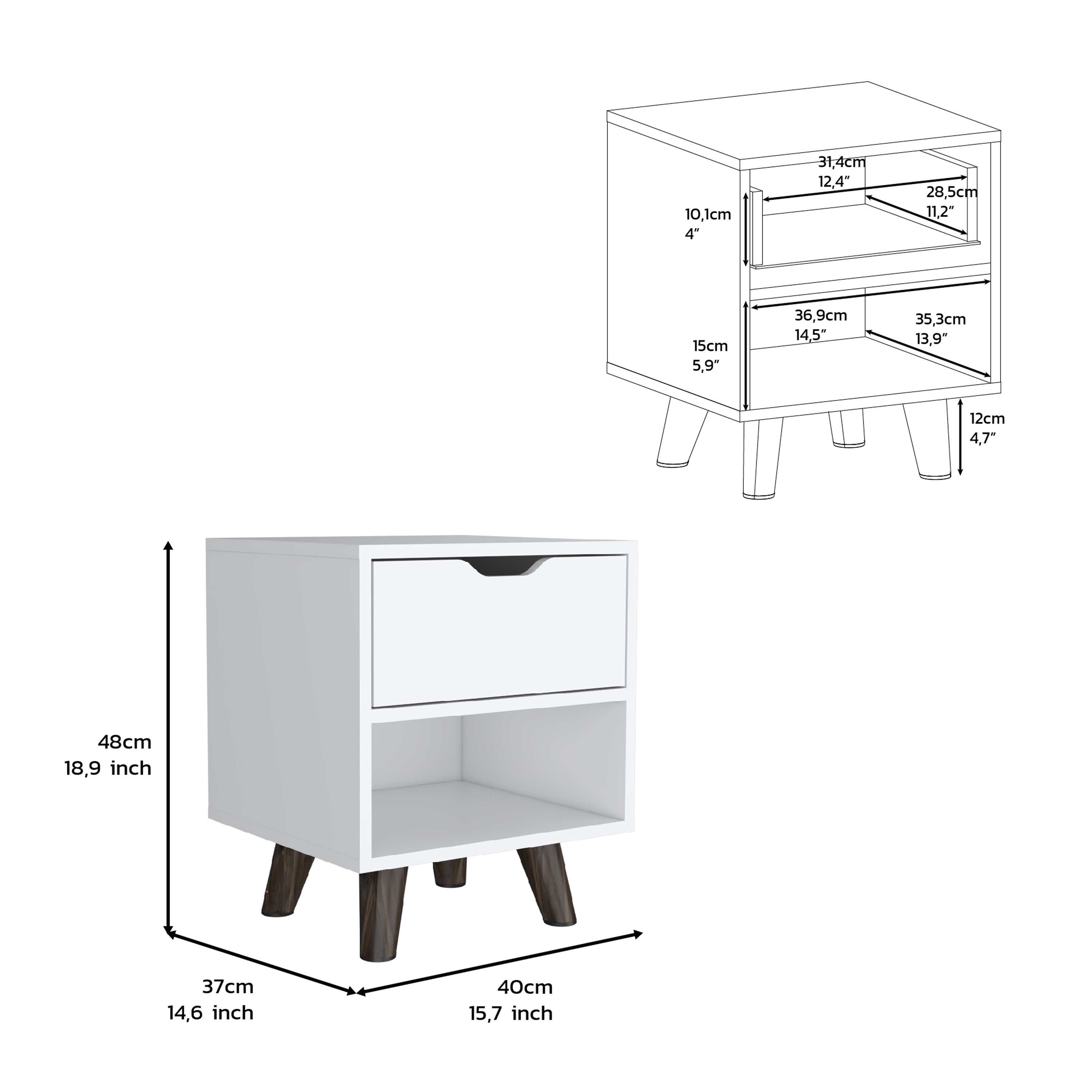 Modern Nightstand 19"H with Spacious Drawer, Open Storage Shelf and Chic Wooden Legs, White