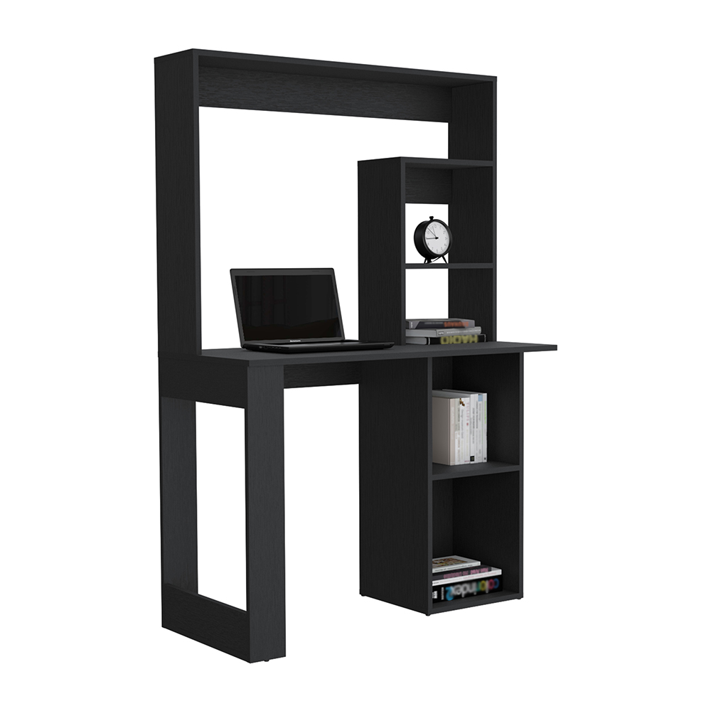 Ethel Writing Computer Desk with Storage Shelves and Hutch, Black