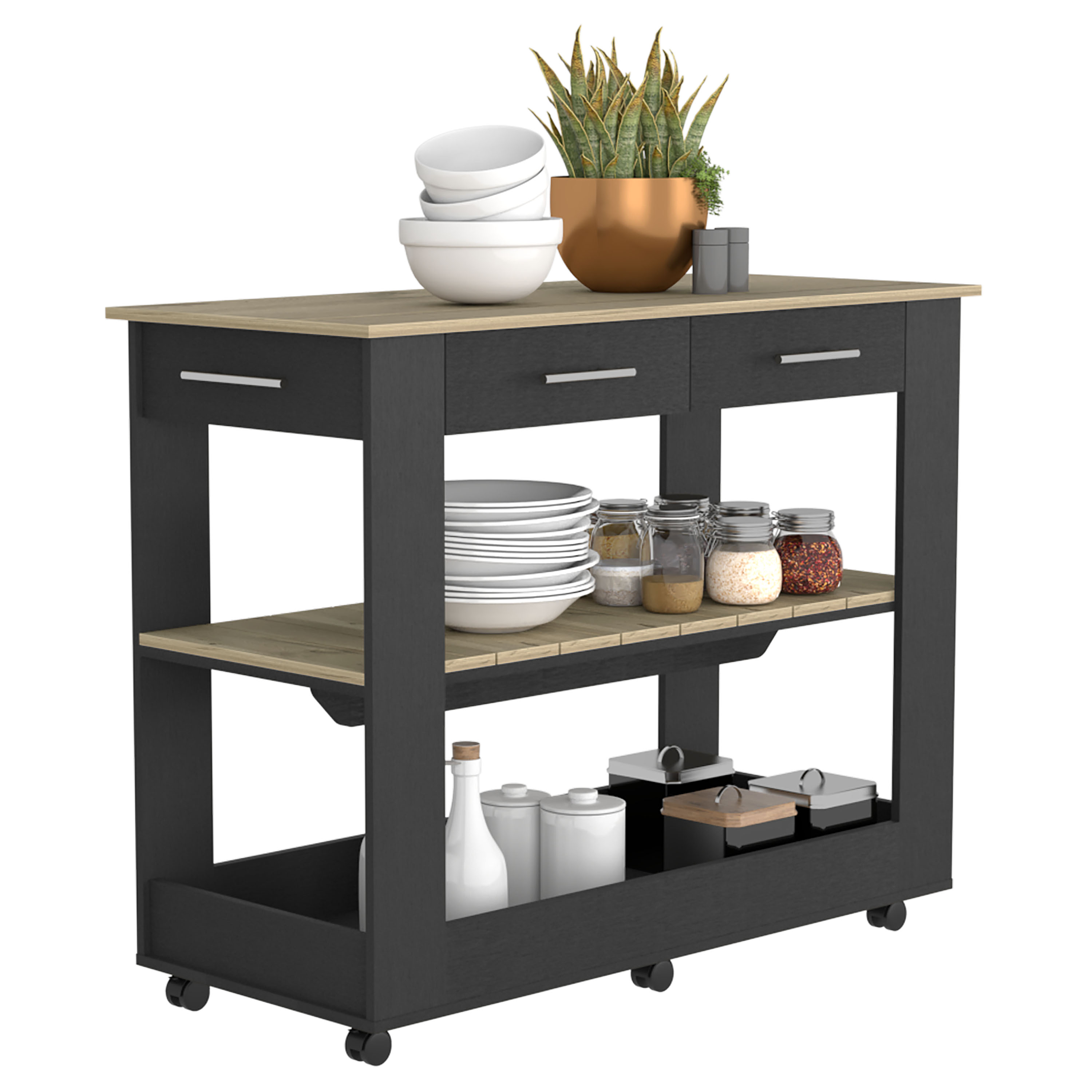 Kitchen Island 36" H, Six Casters, Two Drawers, Two Open Storage Shelves, Towel Hanger, Black / Light Oak