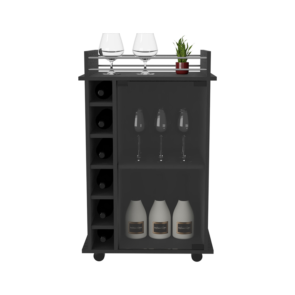 32" H black bar-coffee cart, Kitchen or living room cabinet storage with with 4 wheels, with 6 bottle racks, a central shelf covered by 1 glass door, 1 support surface with aluminum front.